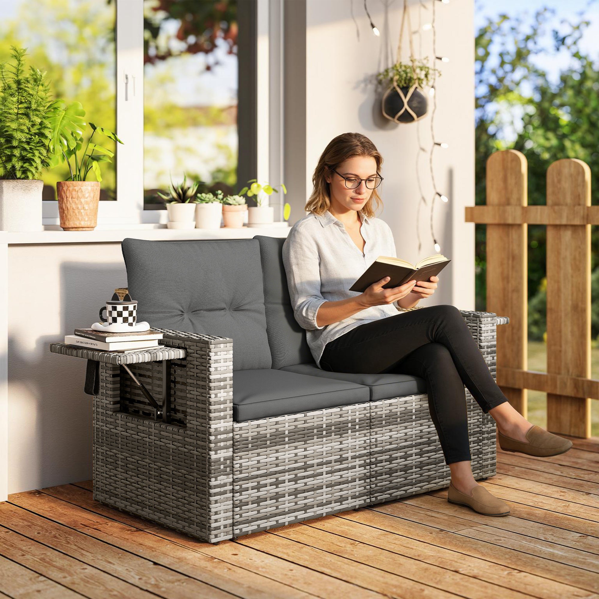 2-Seater Outdoor Rattan Sofa with Cushions — Convertible, Fold-Out Side Trays, Weather-Resistant, Light Grey Synthetic Rattan