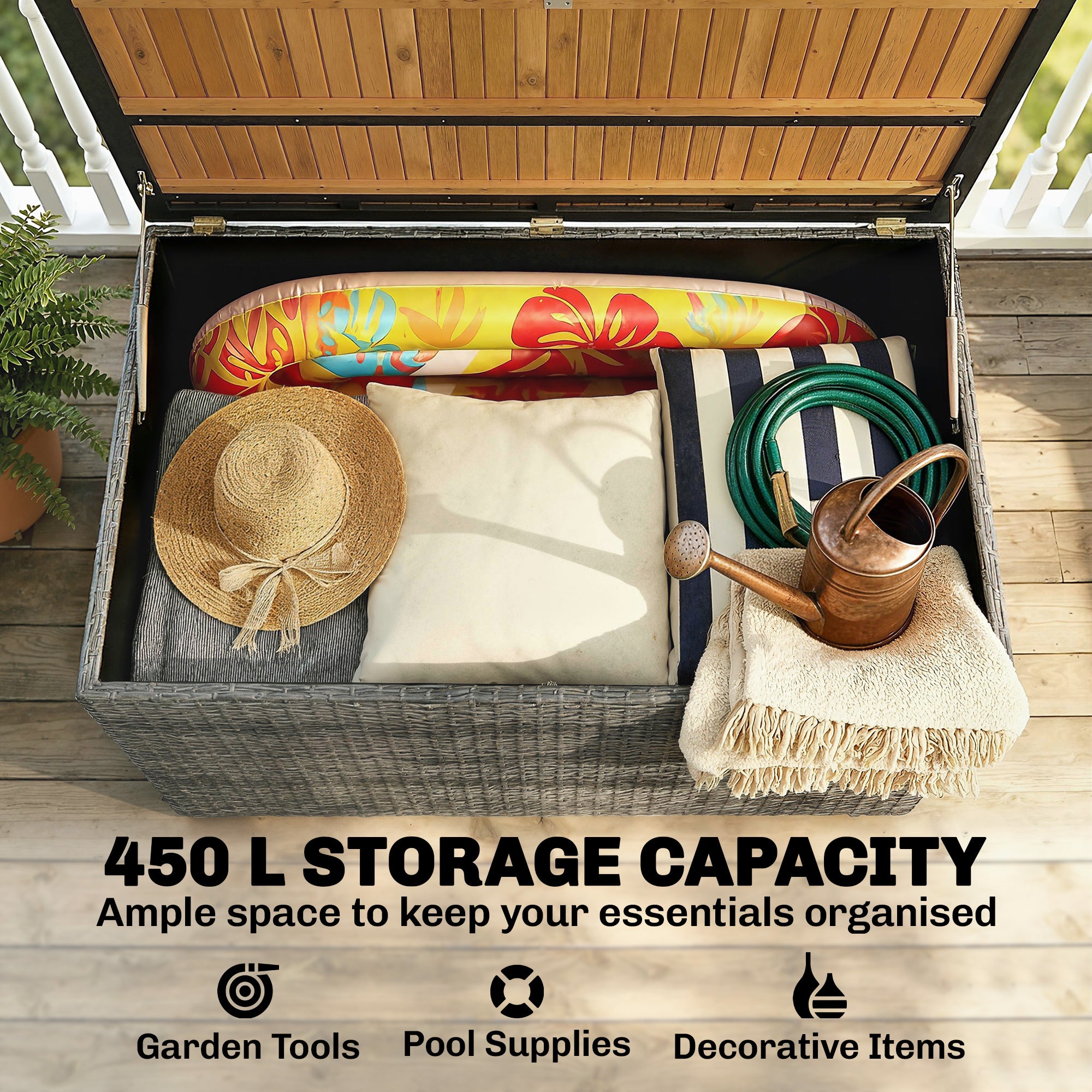 2-in-1 Outdoor Rattan Storage Box 450 L — Waterproof Cushion Box with FSC Acacia Wood Lid, Gas Strut, Lined Interior, UV & Weather Resistant, Dark Gray