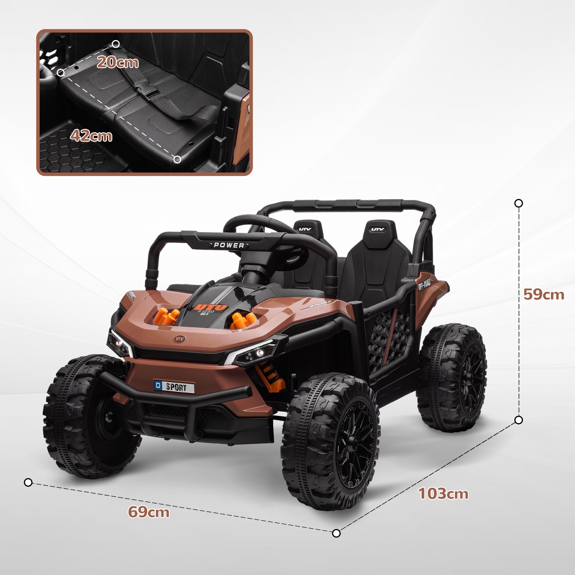 Electric Children's Car UTV, Electric Children's Buggy, with 2.4Ghz remote control, 2 12V motors, 2 speeds, music, horn, lights, for children 3-5 years old, brown