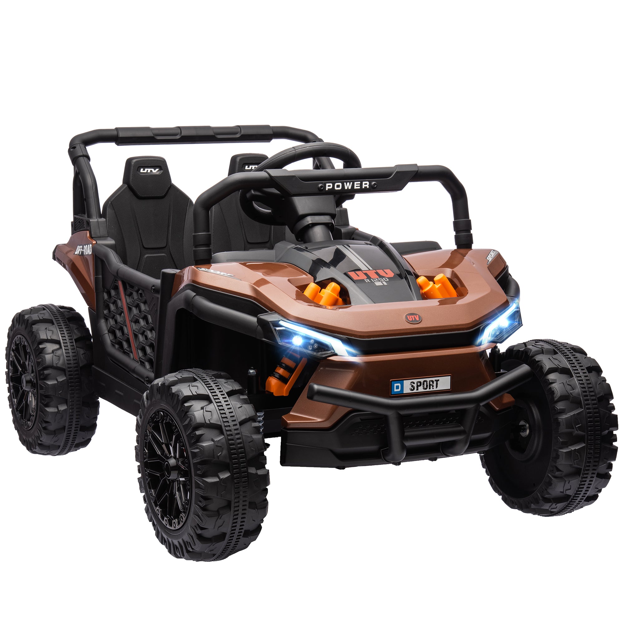 Electric Children's Car UTV, Electric Children's Buggy, with 2.4Ghz remote control, 2 12V motors, 2 speeds, music, horn, lights, for children 3-5 years old, brown