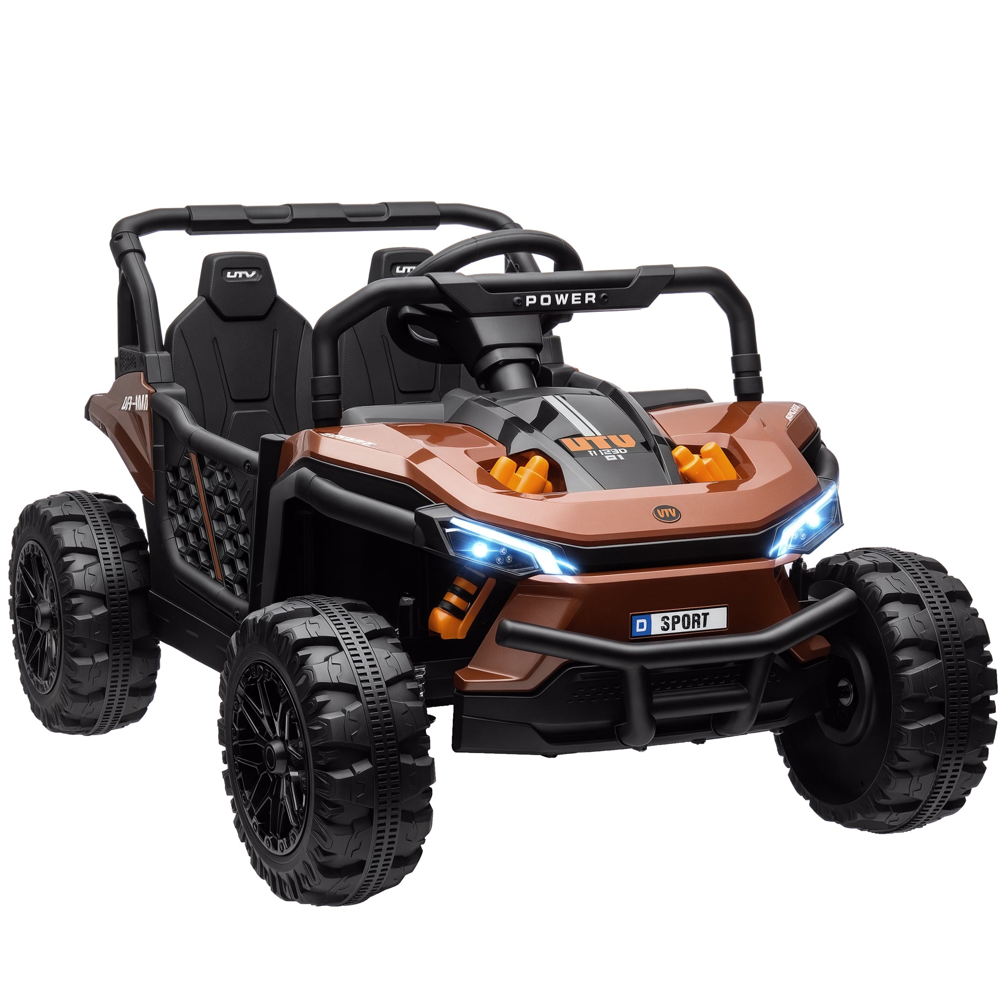 Electric Children's Car UTV, Electric Children's Buggy, with 2.4Ghz remote control, 2 12V motors, 2 speeds, music, horn, lights, for children 3-5 years old, brown
