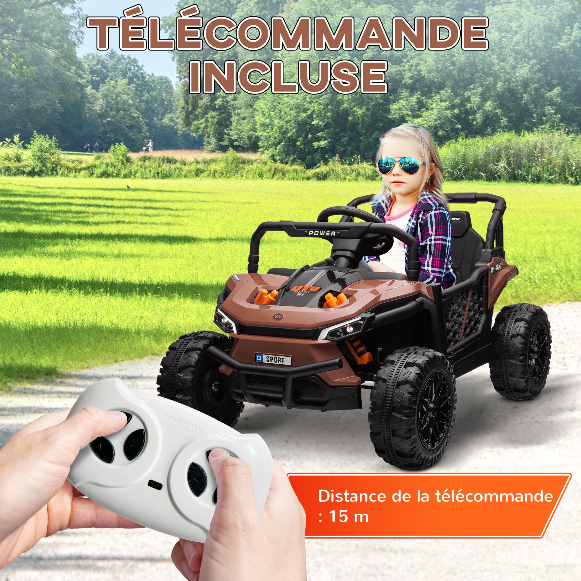 Electric Children's Car UTV, Electric Children's Buggy, with 2.4Ghz remote control, 2 12V motors, 2 speeds, music, horn, lights, for children 3-5 years old, brown