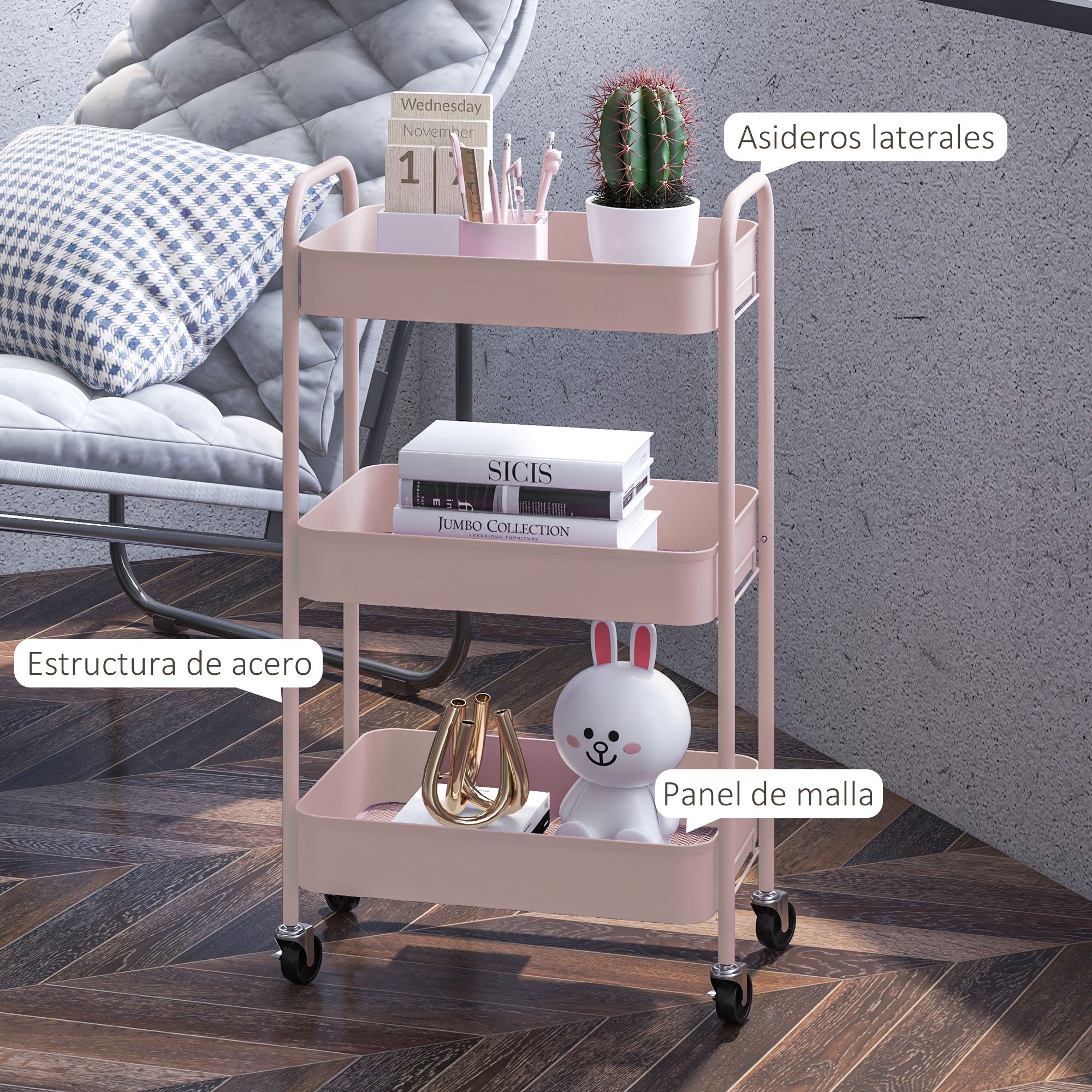 Auxiliary Cart with Wheels Storage Cart with 3 Baskets and Steel Frame for Living Room Bedroom Office Kitchen 17.7"L x 12"W x 31.1"H Pink