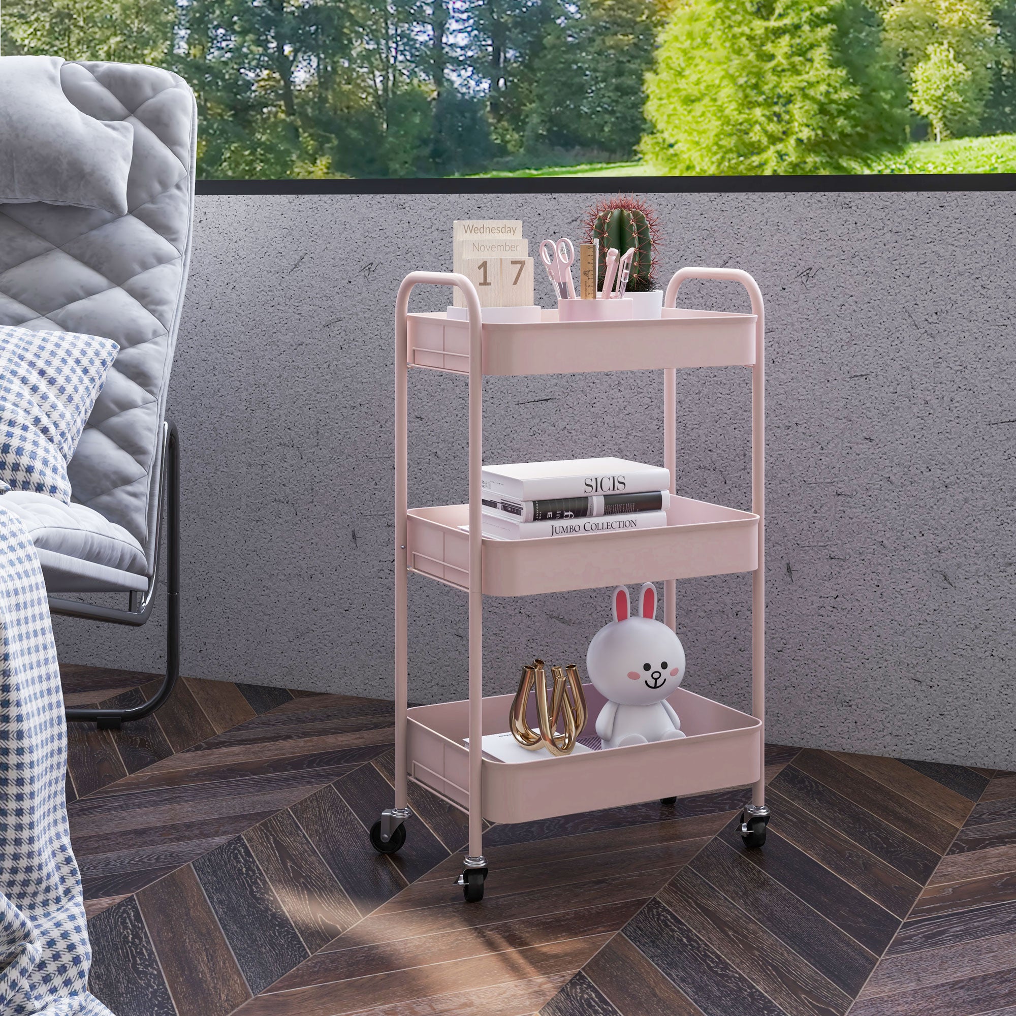Auxiliary Cart with Wheels Storage Cart with 3 Baskets and Steel Frame for Living Room Bedroom Office Kitchen 17.7"L x 12"W x 31.1"H Pink