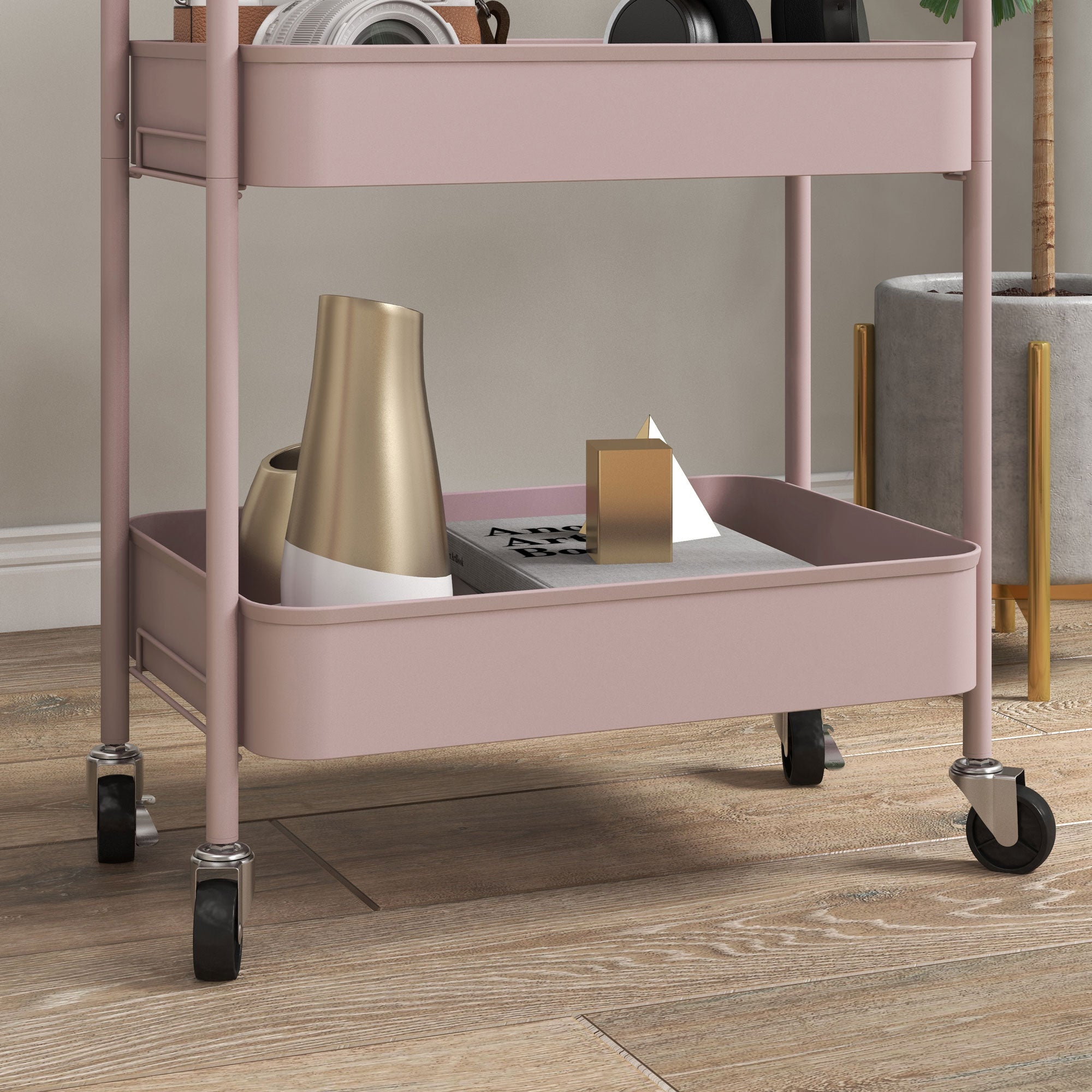 Auxiliary Cart with Wheels Storage Cart with 3 Baskets and Steel Frame for Living Room Bedroom Office Kitchen 17.7"L x 12"W x 31.1"H Pink