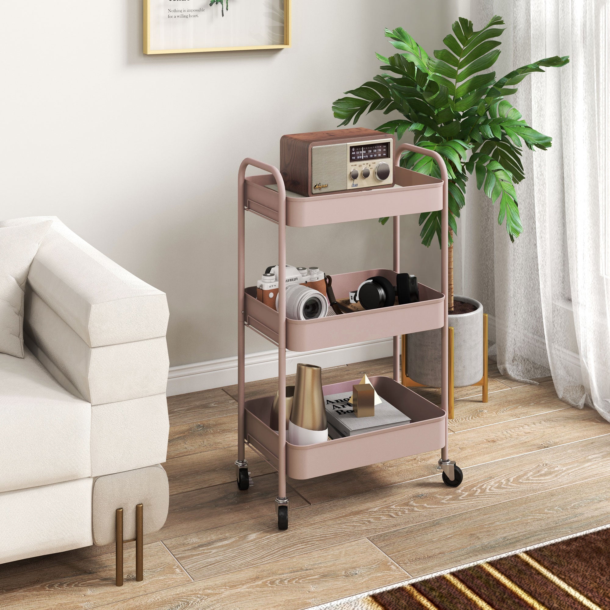 Auxiliary Cart with Wheels Storage Cart with 3 Baskets and Steel Frame for Living Room Bedroom Office Kitchen 17.7"L x 12"W x 31.1"H Pink
