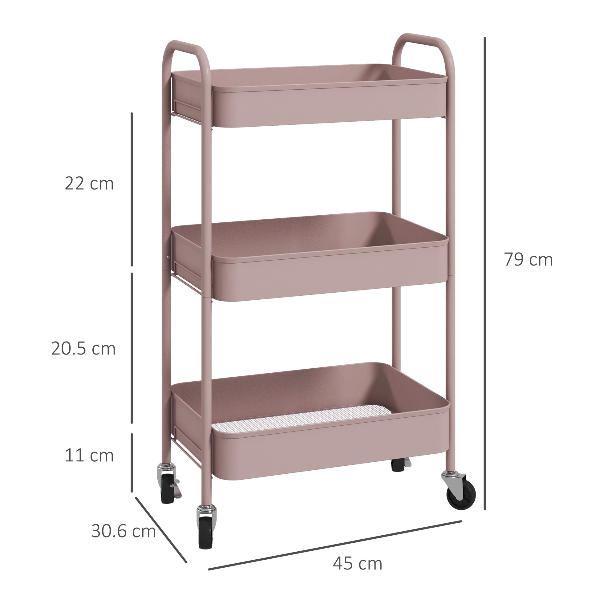Auxiliary Cart with Wheels Storage Cart with 3 Baskets and Steel Frame for Living Room Bedroom Office Kitchen 17.7"L x 12"W x 31.1"H Pink