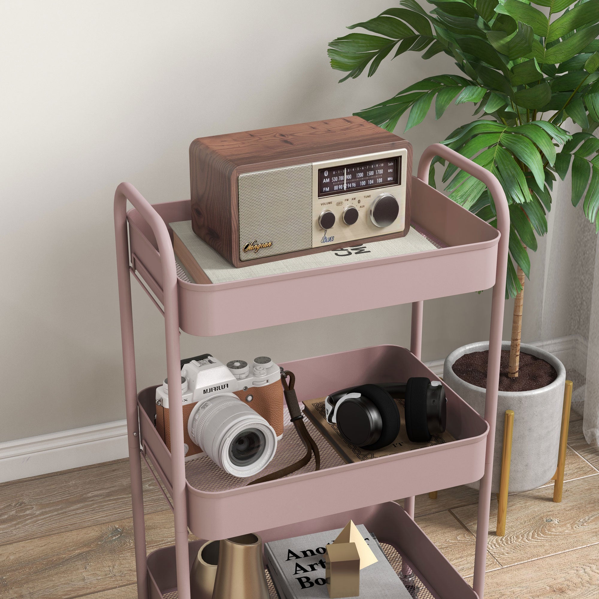 Auxiliary Cart with Wheels Storage Cart with 3 Baskets and Steel Frame for Living Room Bedroom Office Kitchen 17.7"L x 12"W x 31.1"H Pink