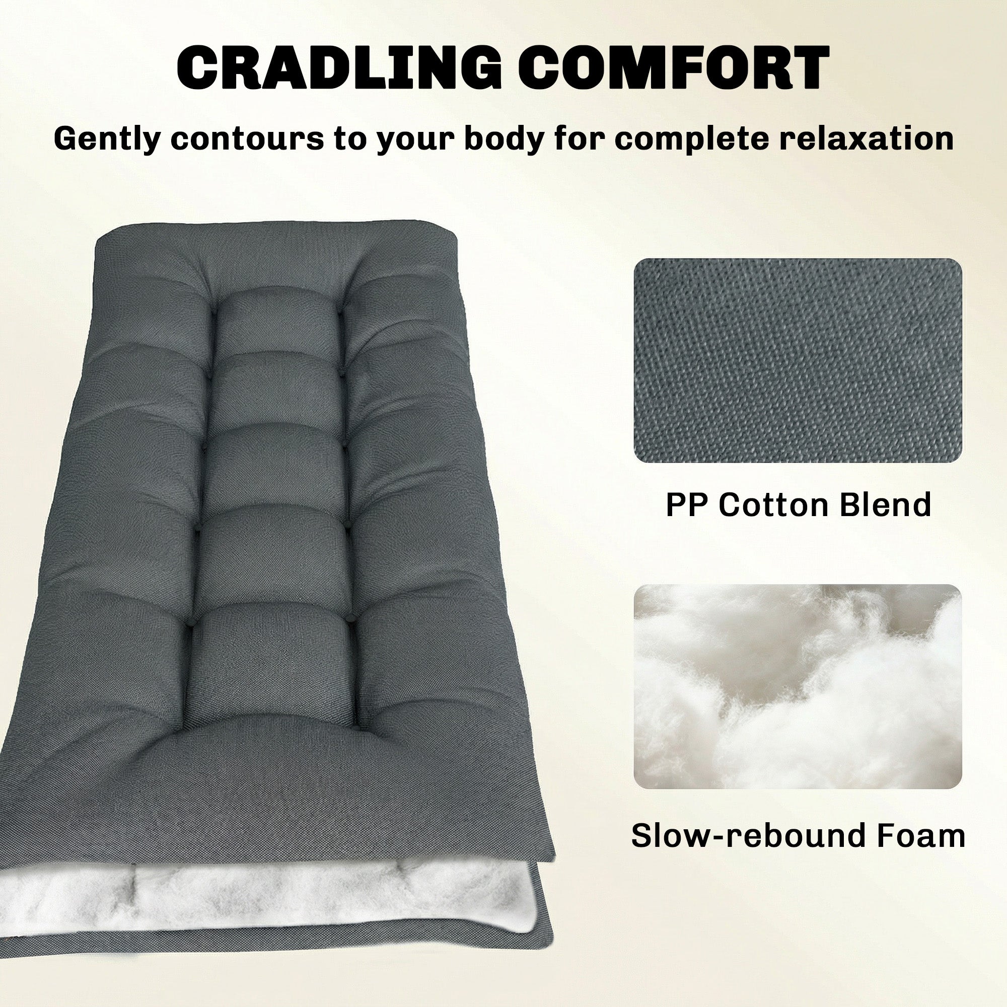 Pallet Cushion — Removable Seat Pad with Tie Straps for Most Loungers, 198 x 65 x 13 cm (78 x 25.6 x 5.1 in) — Dark Gray