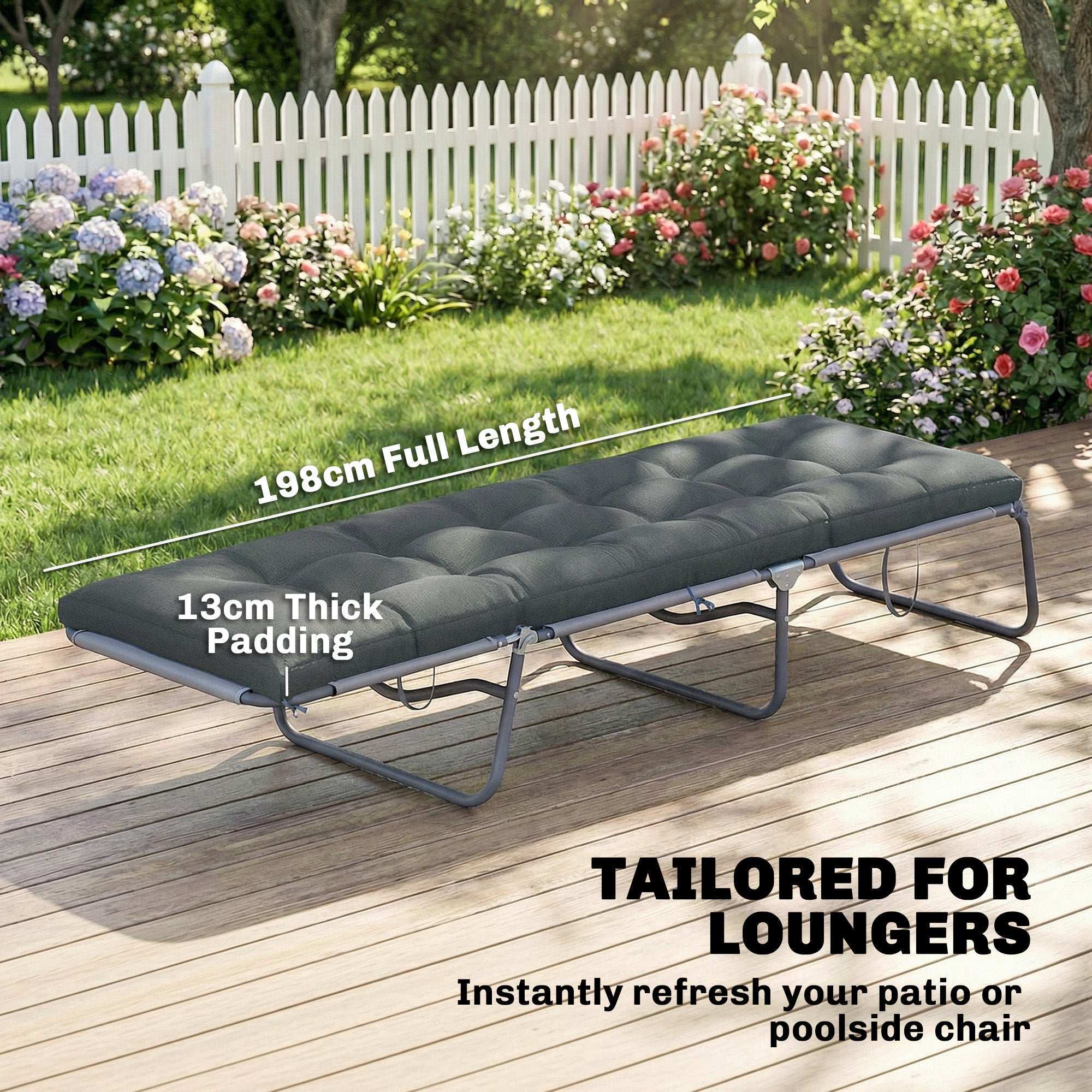 Pallet Cushion — Removable Seat Pad with Tie Straps for Most Loungers, 198 x 65 x 13 cm (78 x 25.6 x 5.1 in) — Dark Gray