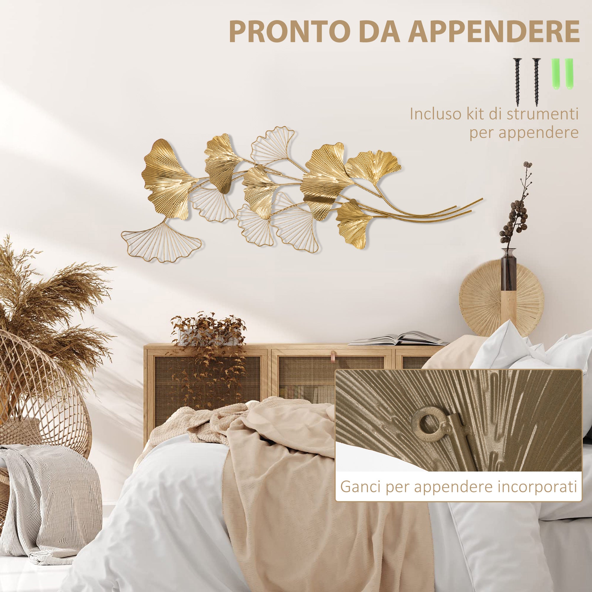 3D Metal Wall Decoration Art, Golden Wall Art with Ginkgo Leaves 138x70cm