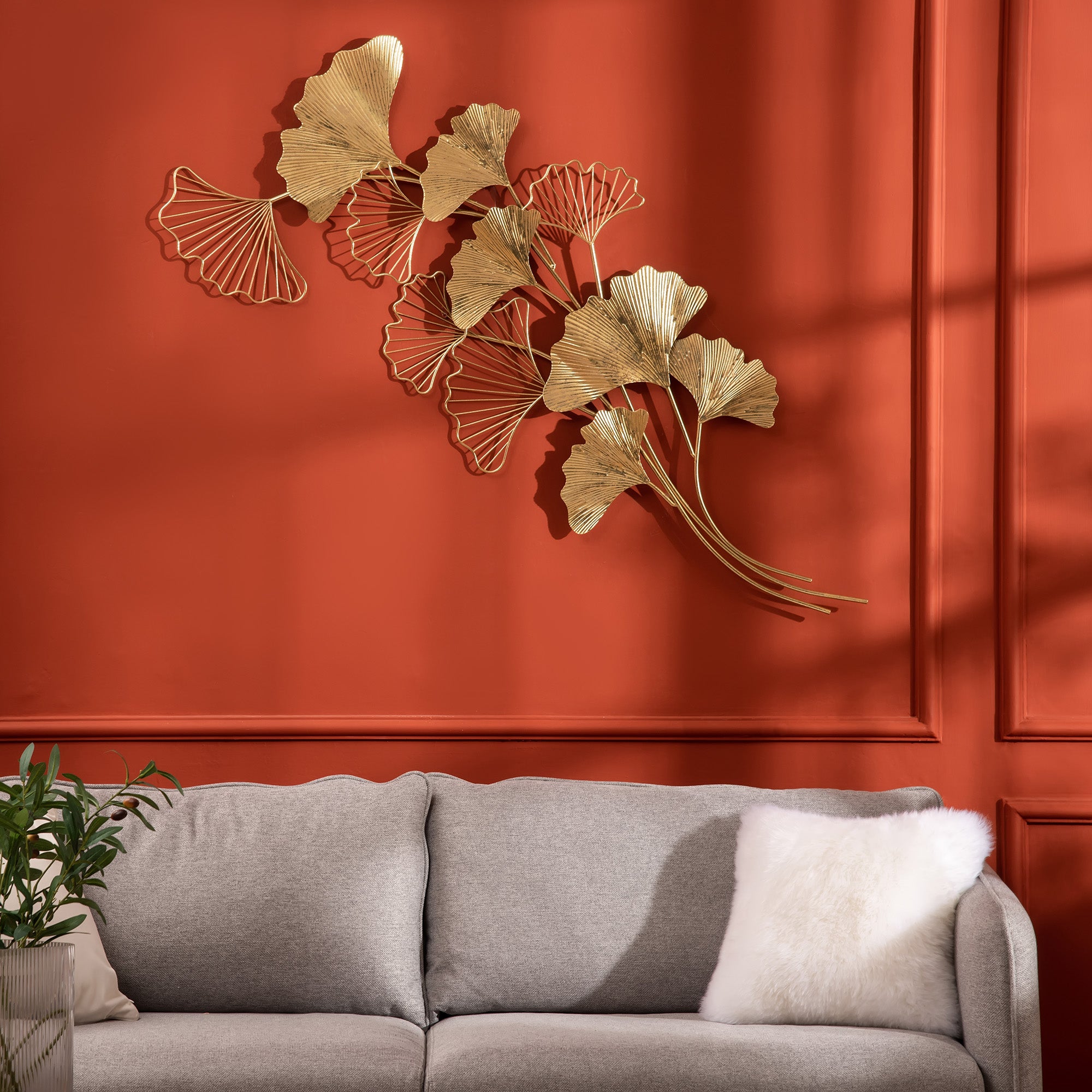 3D Metal Wall Decoration Art, Golden Wall Art with Ginkgo Leaves 138x70cm