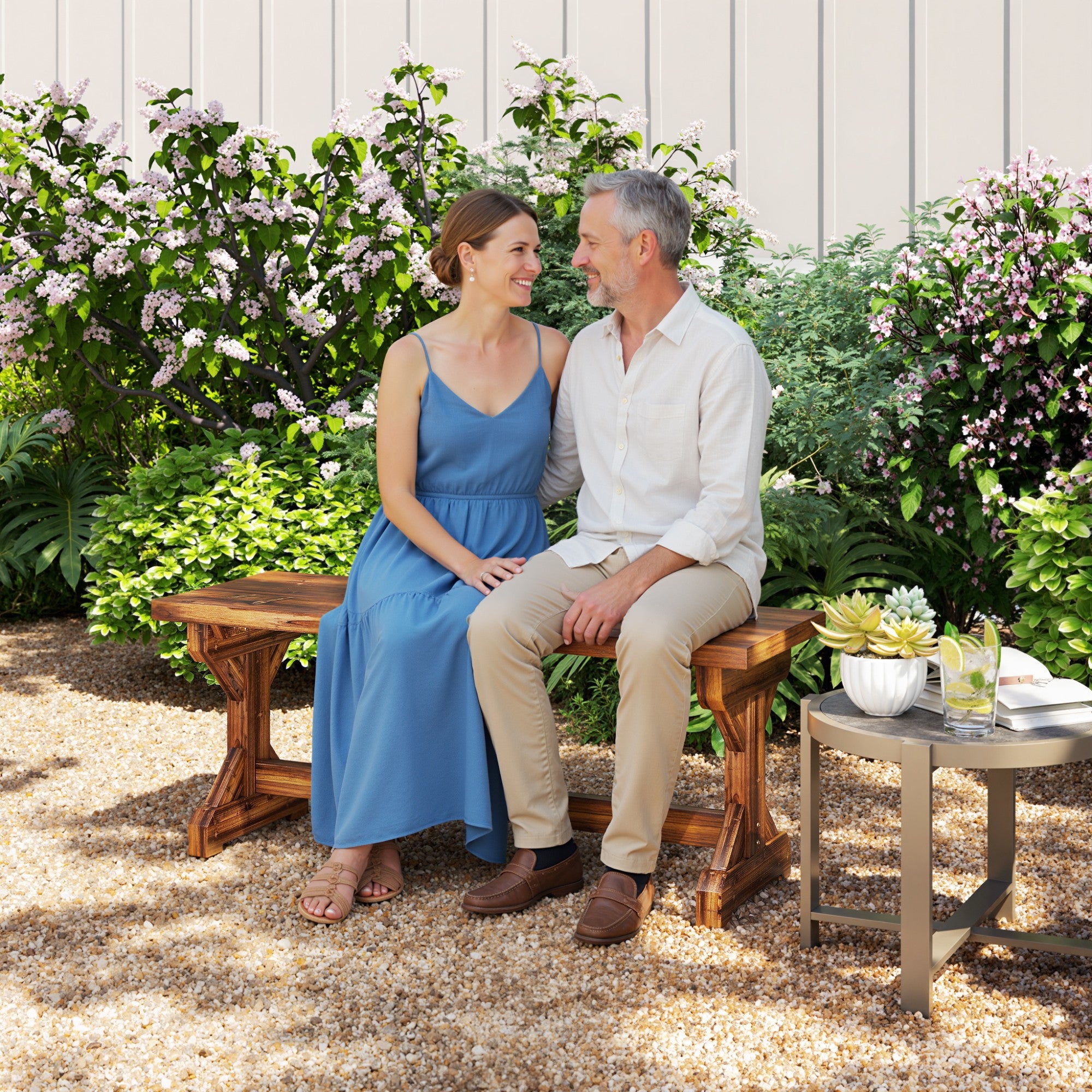 2-Person Weather-Resistant Solid Spruce Garden Bench with X-Base, Charred Finish — 45 x 16 x 18 in, 530 lb Capacity