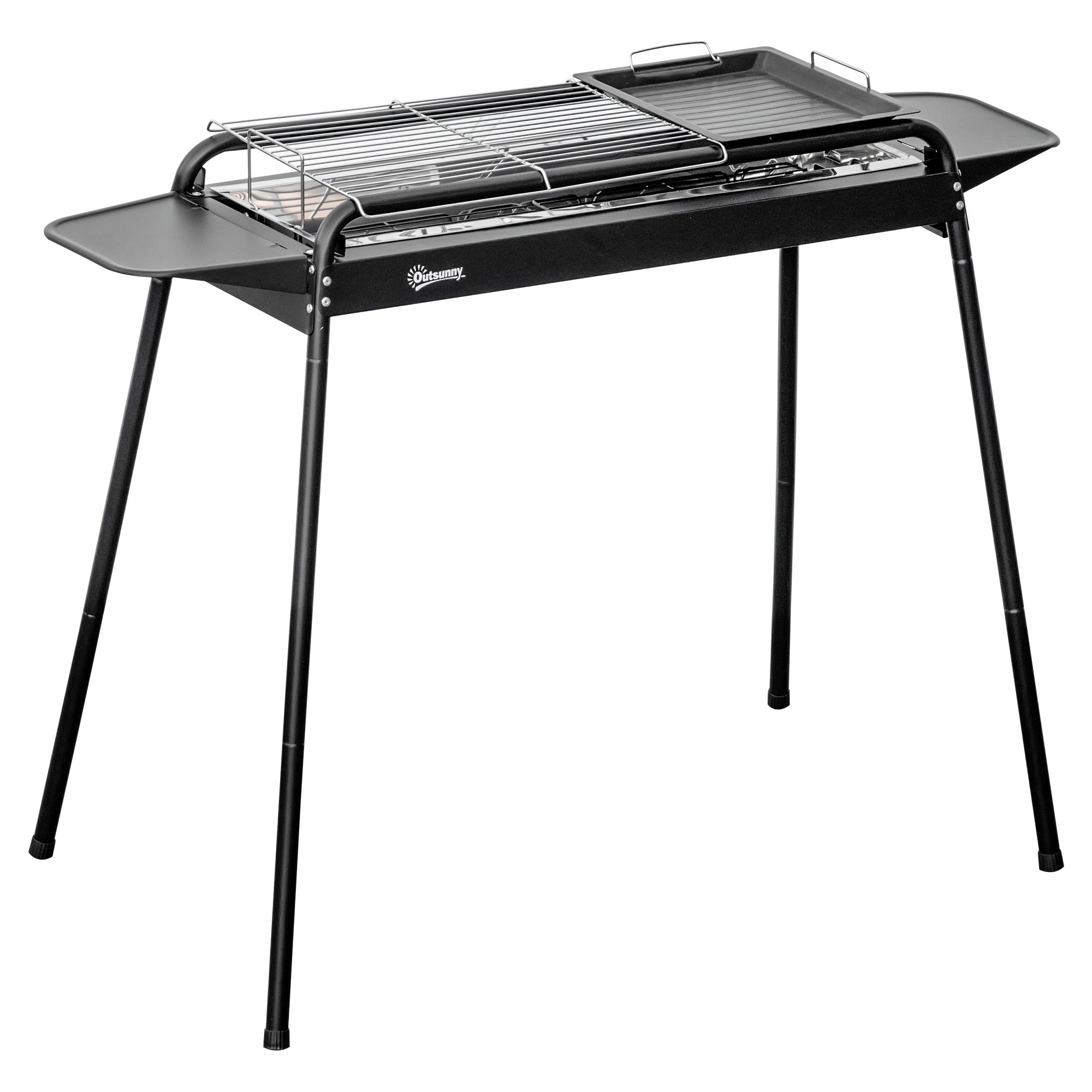 Charcoal Barbecue with Grid and Plate, Portable BBQ in Steel with Side Shelves, 113x59x83.5cm, Black