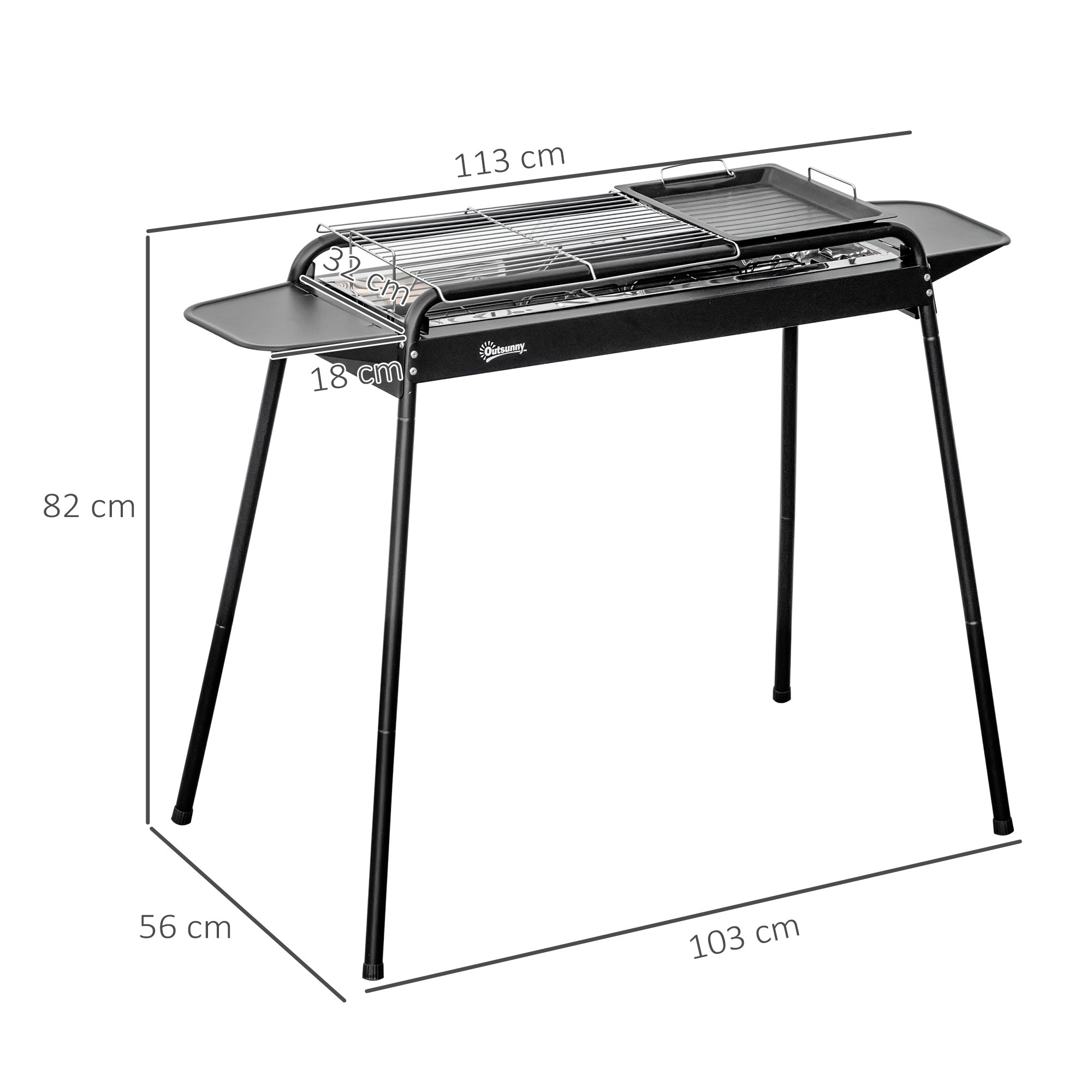 Charcoal Barbecue with Grid and Plate, Portable BBQ in Steel with Side Shelves, 113x59x83.5cm, Black