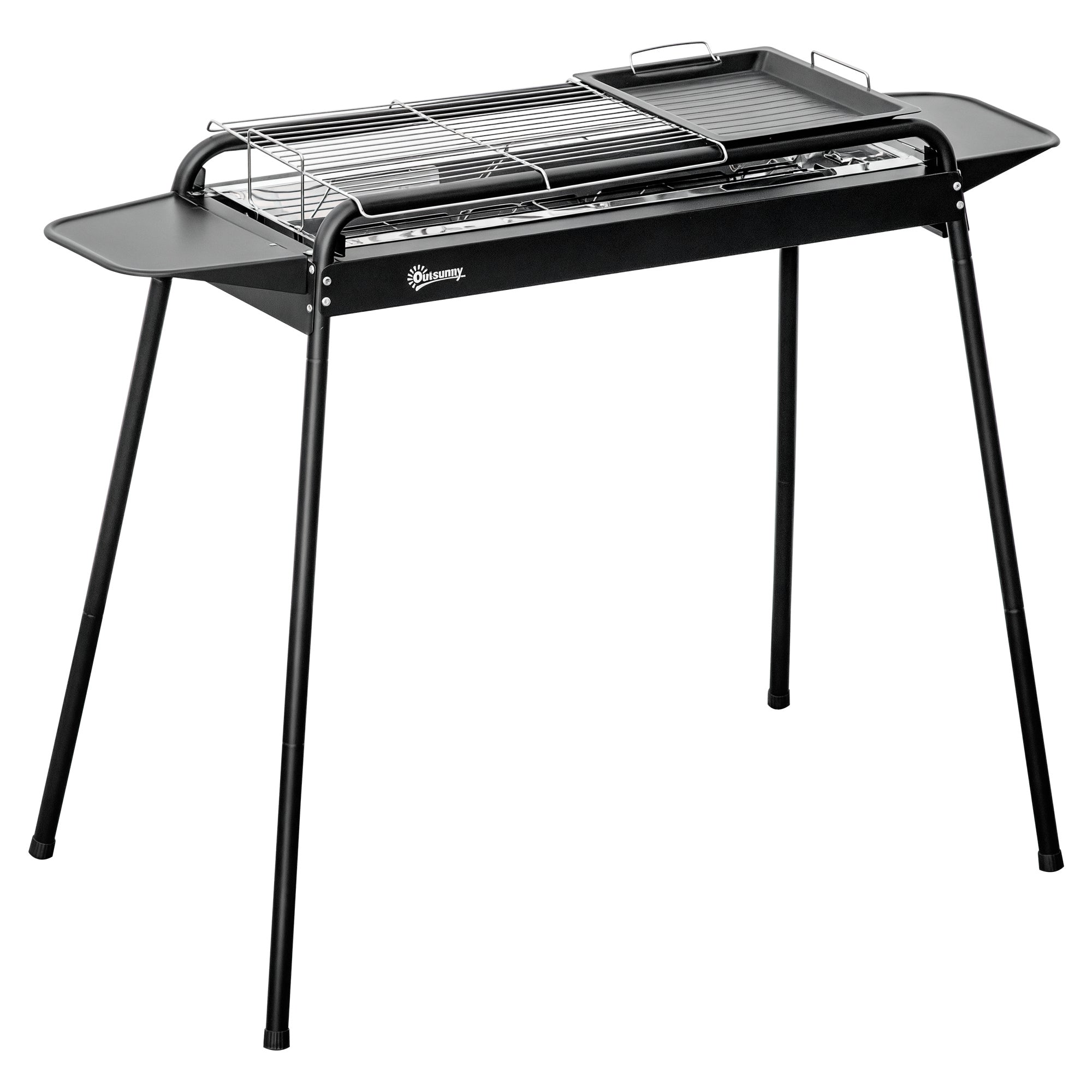 Charcoal Barbecue with Grid and Plate, Portable BBQ in Steel with Side Shelves, 113x59x83.5cm, Black