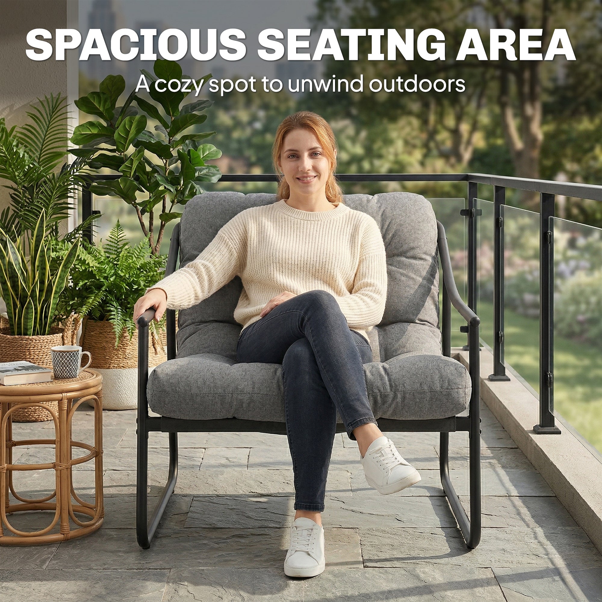 Garden Armchair Patio Lounge Chair with Removable Cushion and Armrests, Supports up to 265 lb, for Garden & Balcony — Dark Gray