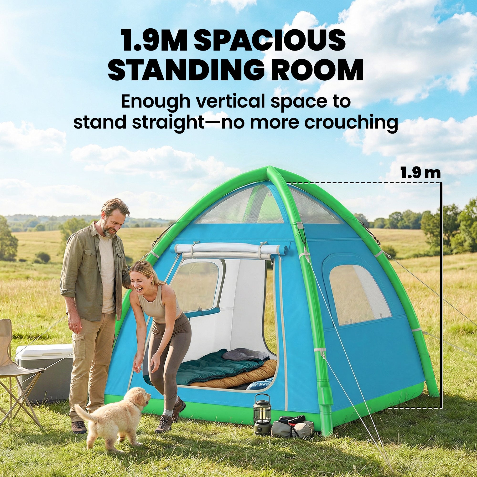 Inflatable 3-Person Camping Tent – Quick-Setup Air Tent with Pump, Mesh Windows, Removable Rainfly, Glow Pegs, Full Standing Height, 3000 mm Waterproof