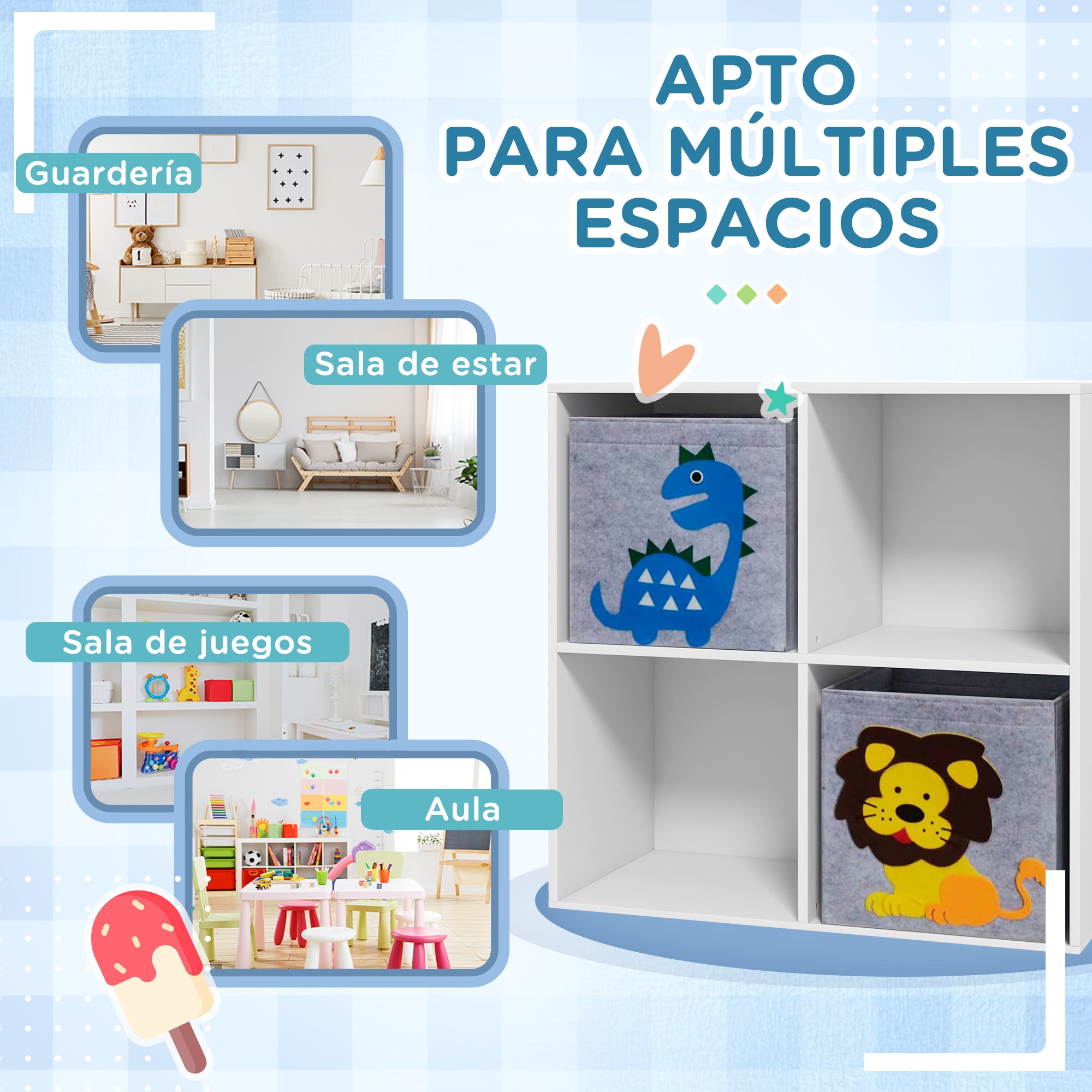 ZONEKIZ Children's Toy Shelf Bookcase for Kids 3 Years and Older with 4 Storage Compartments and 2 Non-Woven Fabric Drawers with Animal Print 61.8x29.9x61.8 cm White and Gray