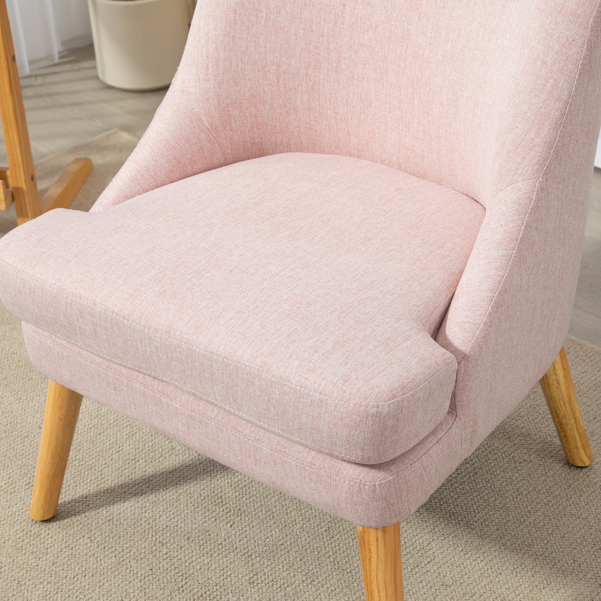 Lounge Chair with Linen Look, Armrest, Upholstered Relax Chair with Wood Legs, for Living Room, Bedroom, Pink
