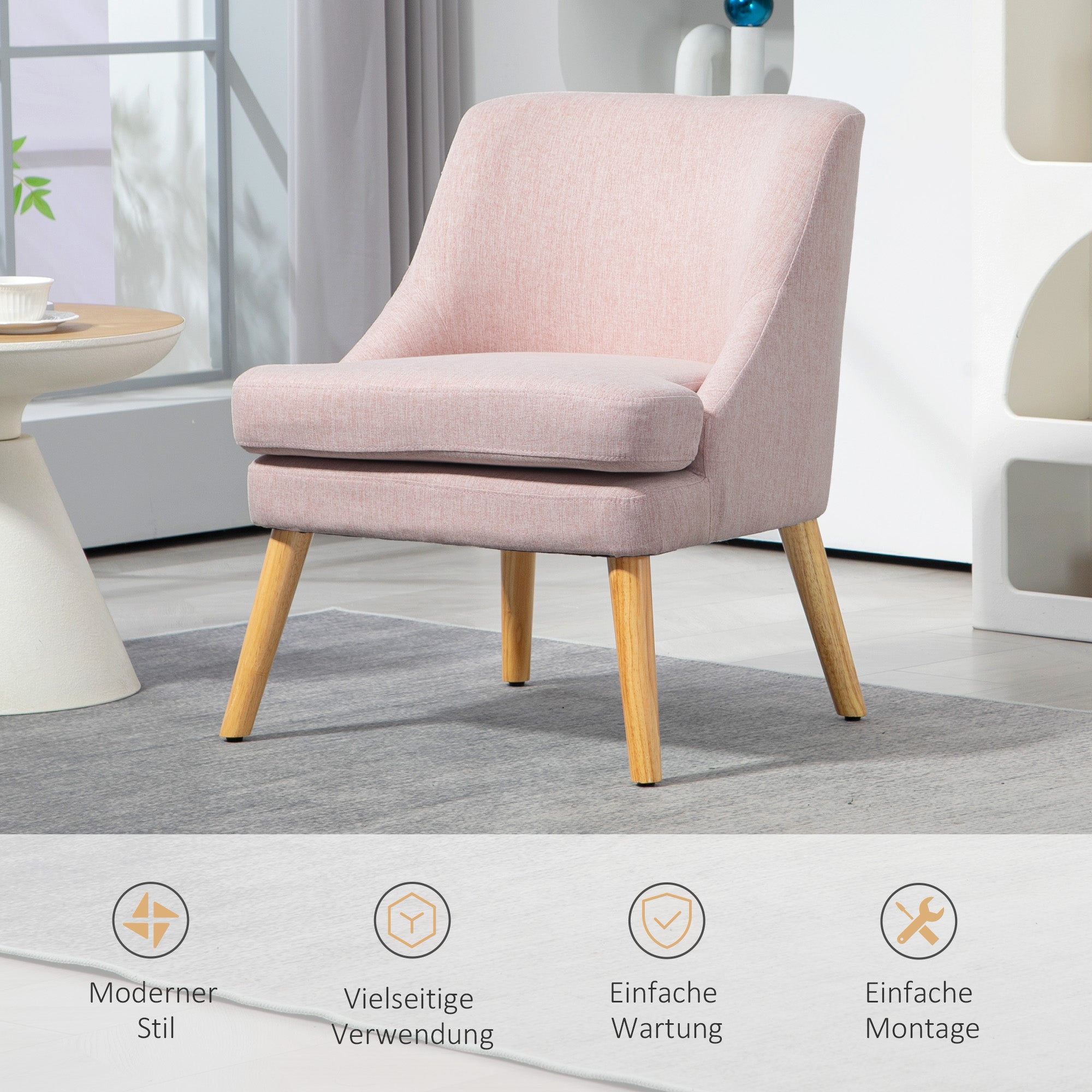 Lounge Chair with Linen Look, Armrest, Upholstered Relax Chair with Wood Legs, for Living Room, Bedroom, Pink