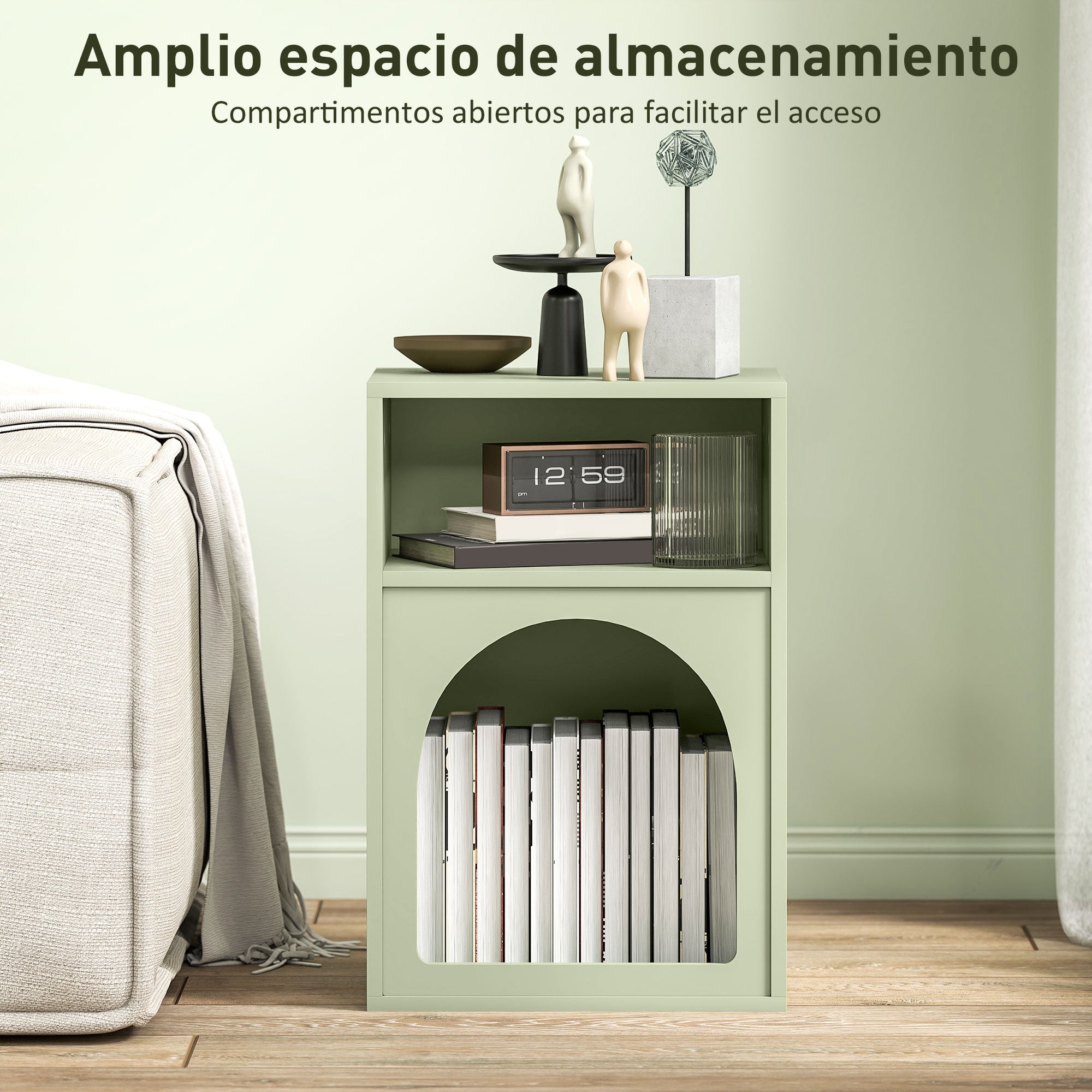 Modern Nightstand Narrow Bedside Table with 2 Open Compartments Arched Design Side Table for Living Room Bedroom 40x30x60 cm Green