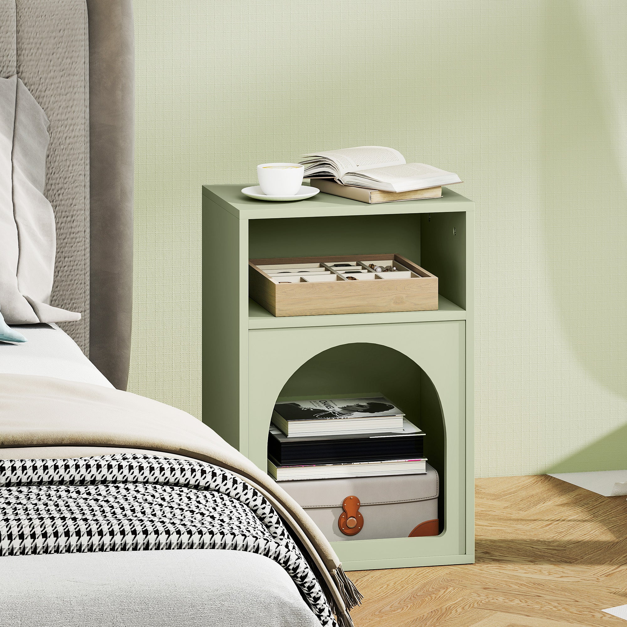 Modern Nightstand Narrow Bedside Table with 2 Open Compartments Arched Design Side Table for Living Room Bedroom 40x30x60 cm Green