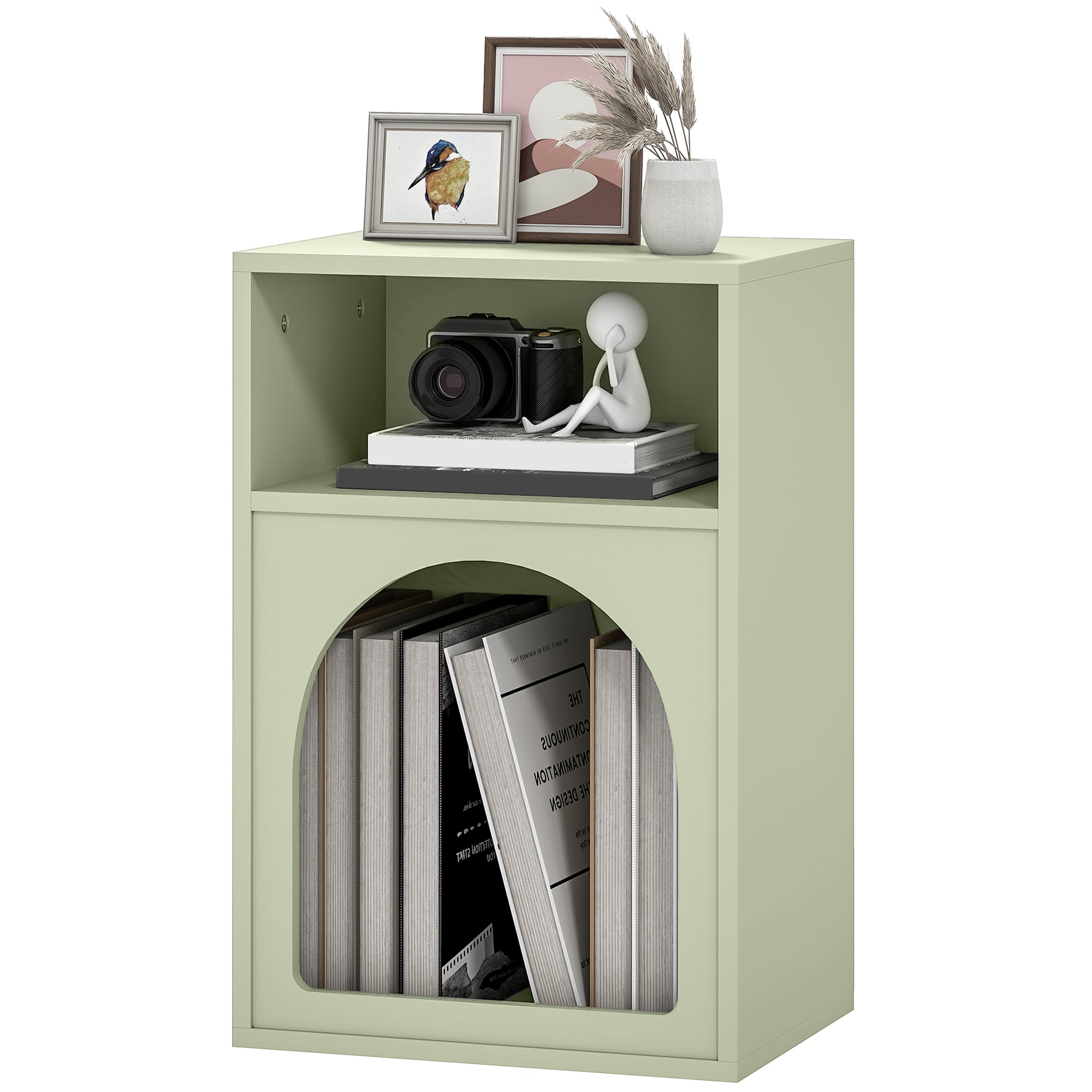 Modern Nightstand Narrow Bedside Table with 2 Open Compartments Arched Design Side Table for Living Room Bedroom 40x30x60 cm Green