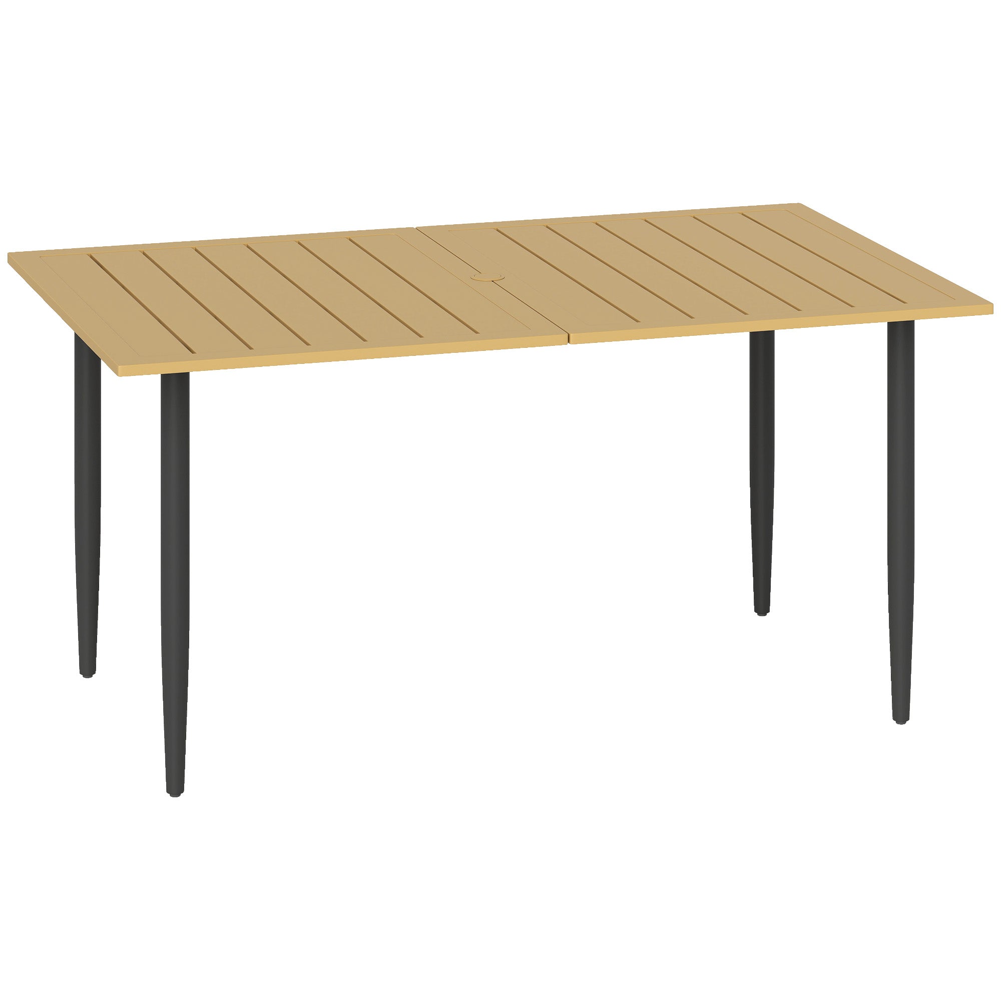59.1 x 35.4 in Patio Dining Table with Umbrella Hole, Weather-Resistant Powder-Coated Steel Slatted Outdoor Table, Brown