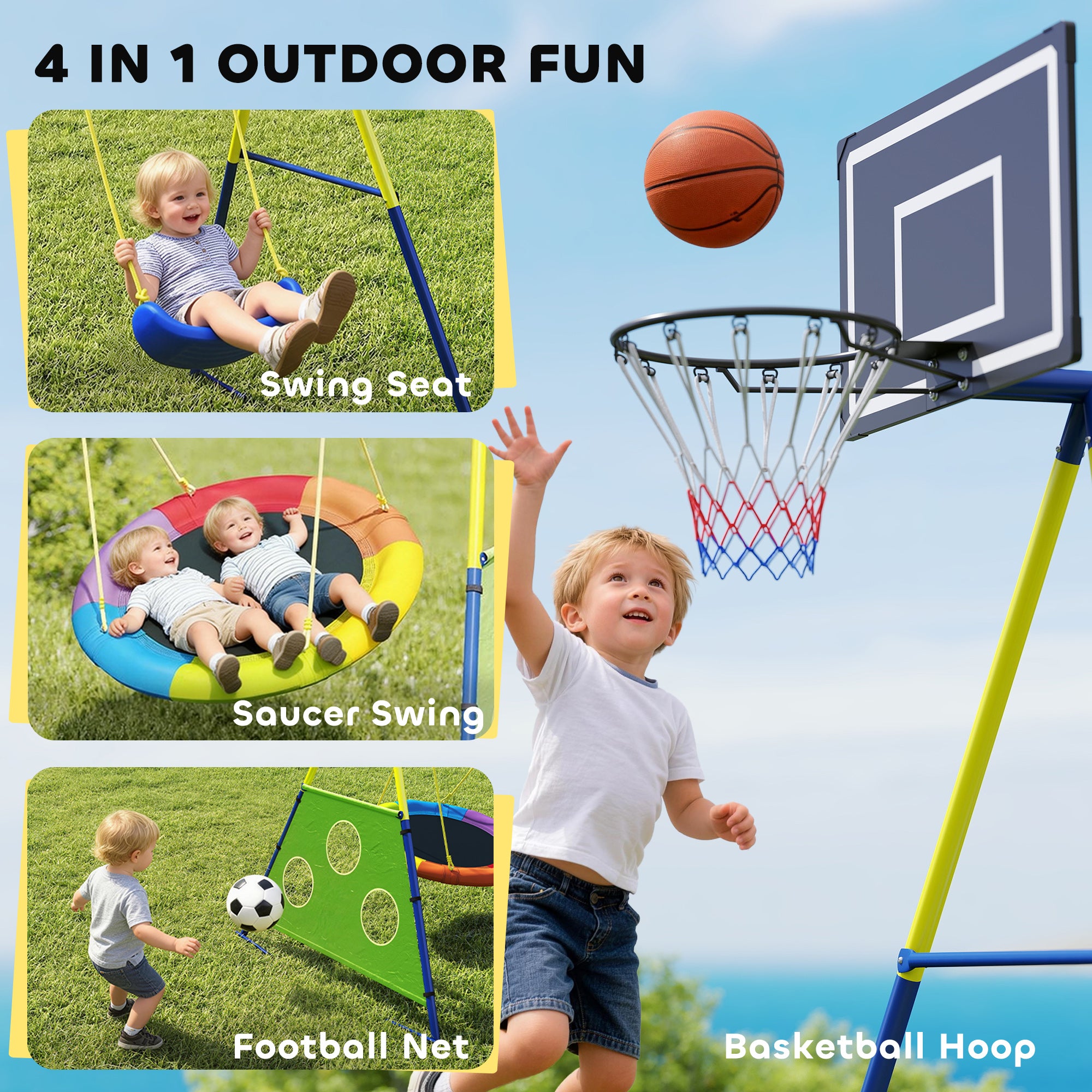 4-in-1 Kids Swing Set – Steel A-Frame, Nest Disc Swing, Single Seat, Basketball Hoop & Soccer Goal, Adjustable Ropes, Fits Children Ages 3–8, 113.4 x 63.0 x 86.6 in (288 x 160 x 220 cm)
