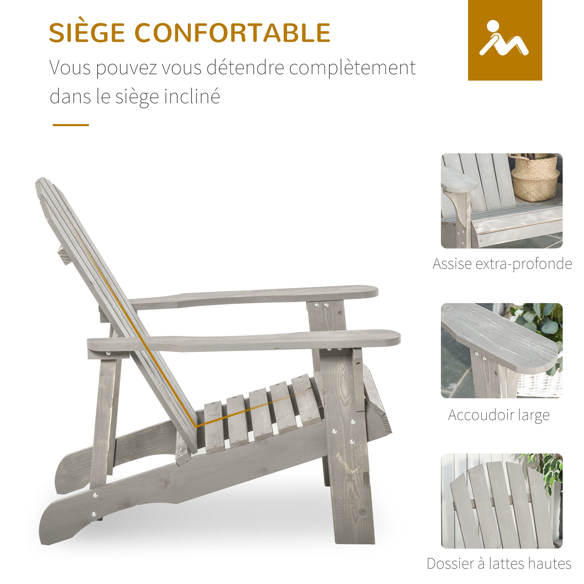 Adirondack Chair Outdoor Garden Chair Outdoor Chair 78L x 89W x 88H cm Solid Fir Wood Grey Distressed Effect for Garden, Terrace, and Balcony