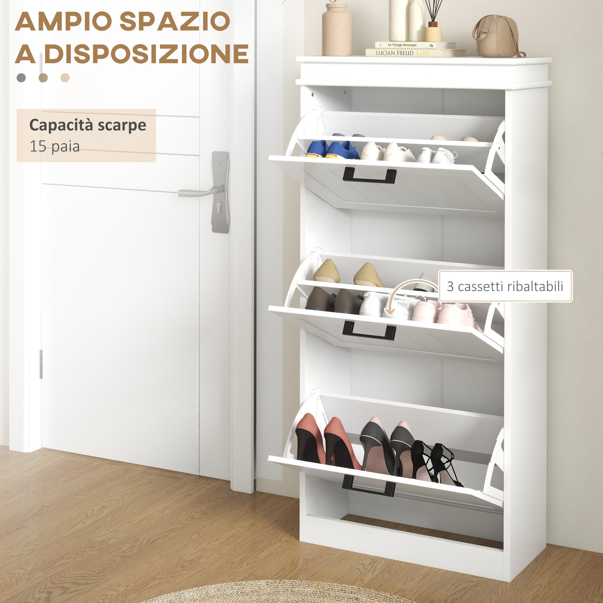 Space-Saving Shoe Cabinet with 3 Flip Drawers for 15 Pairs of Shoes, Shoe Storage Cabinet with Adjustable Shelf, 54x24x117.5 cm, White