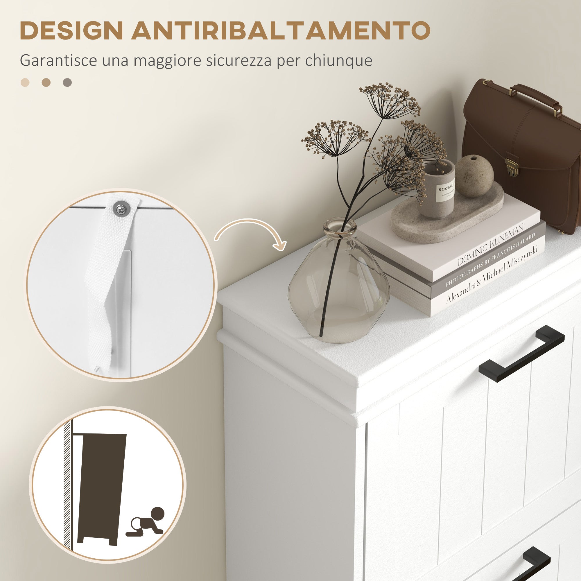 Space-Saving Shoe Cabinet with 3 Flip Drawers for 15 Pairs of Shoes, Shoe Storage Cabinet with Adjustable Shelf, 54x24x117.5 cm, White