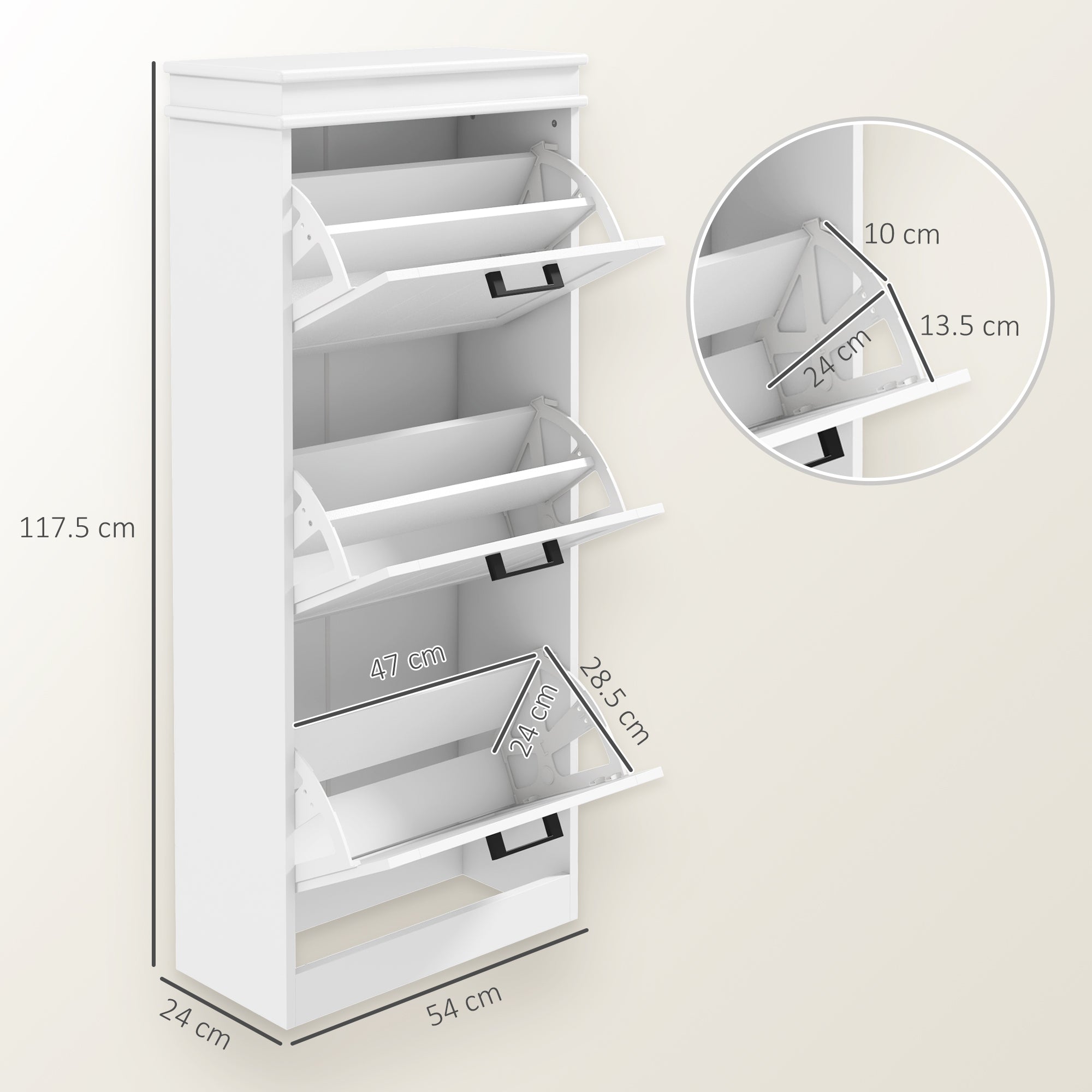 Space-Saving Shoe Cabinet with 3 Flip Drawers for 15 Pairs of Shoes, Shoe Storage Cabinet with Adjustable Shelf, 54x24x117.5 cm, White