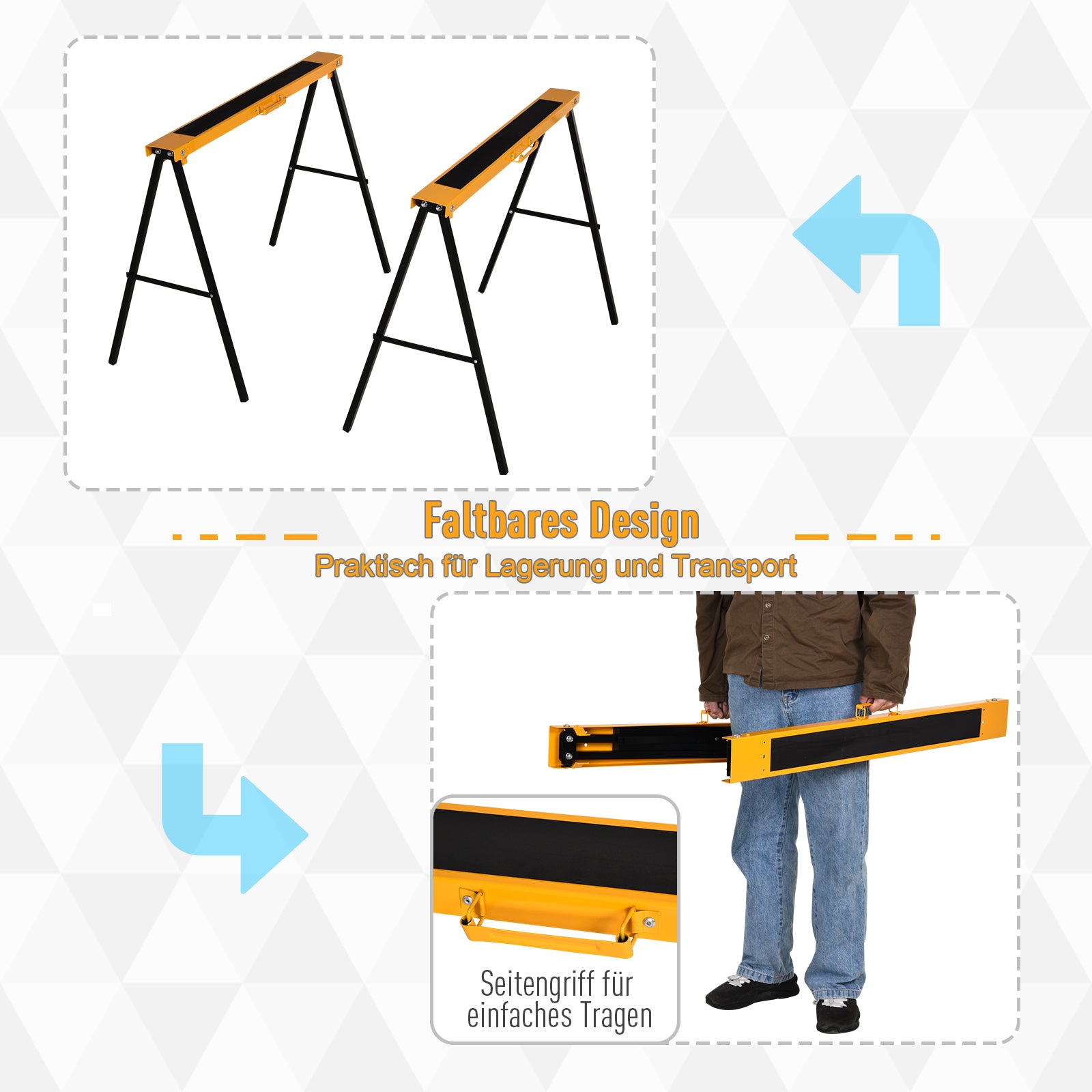 Work Bench, Sawhorse, Support Stand, Foldable, Non-slip, Steel, Orange, Black, 99.5 x 50 x 78 cm, Weight Capacity 125 kg