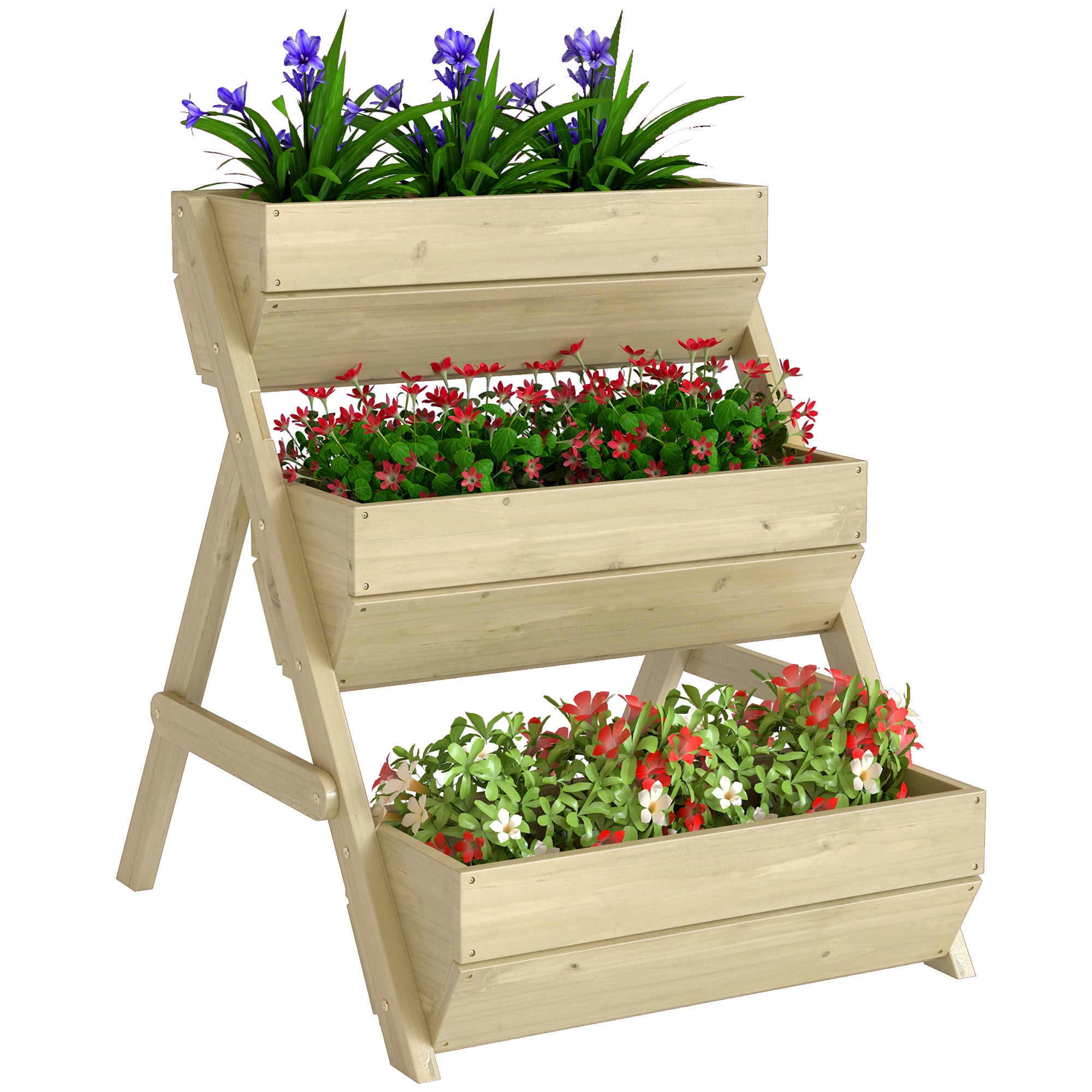 Vertical 3-Tier Wooden Raised Planter Box with 3 Planting Tubs, Drainage Holes – Flower & Herb Staircase for Terrace, Balcony, Garden, 25.6 x 29.5 x 29.9 in, Green