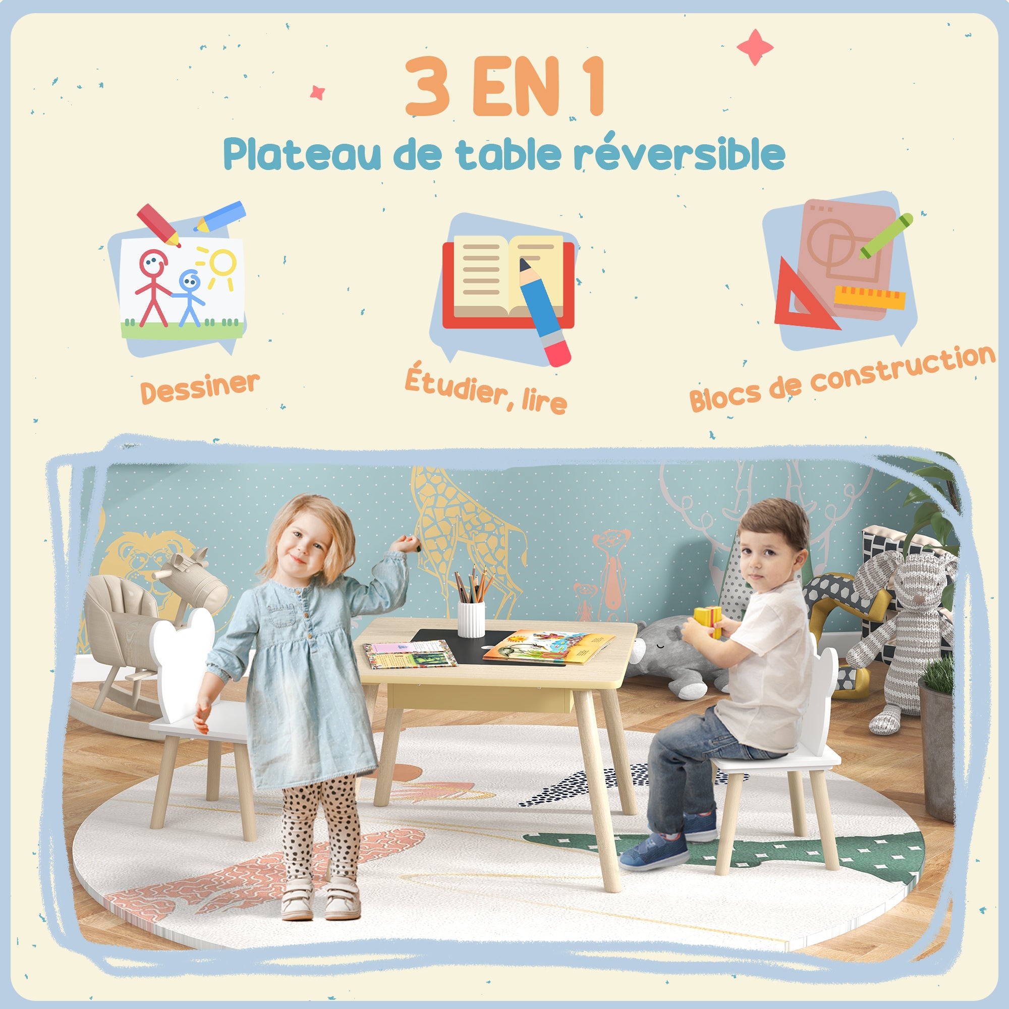 3-Piece Kids Table and 2 Chair Set with Reversible Top, Storage Space, Natural Wood