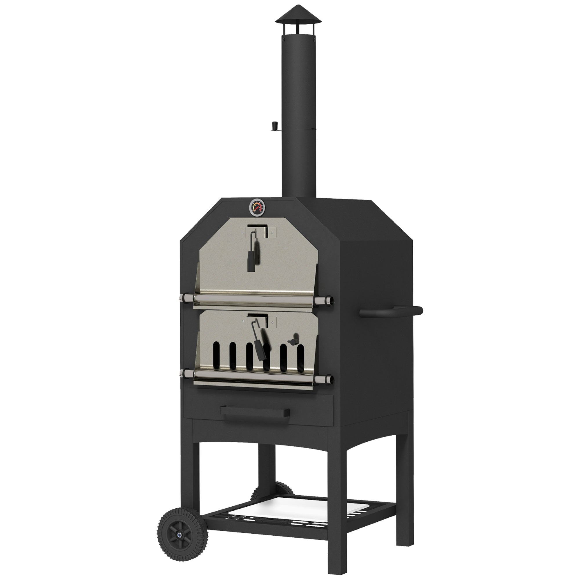 2-In-1 Pizza Oven Outdoor with Wheels Grill Oven with Cover Pizza Peel 2 Grill Nets Grill Cart with Chimney 3-Tier Wood Fired Oven for BBQ Steel Black+Silver 66 x 45 x 158 cm