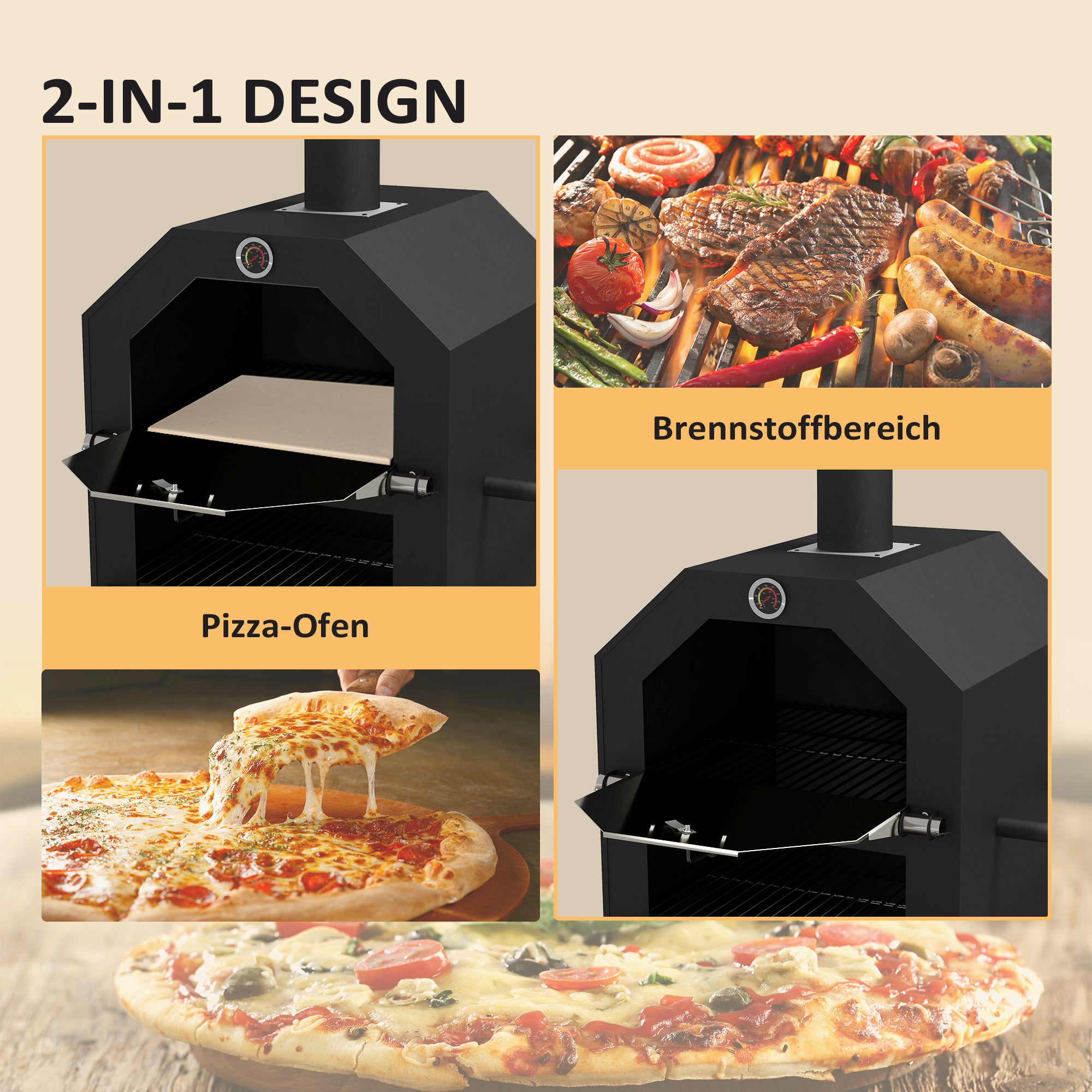 2-In-1 Pizza Oven Outdoor with Wheels Grill Oven with Cover Pizza Peel 2 Grill Nets Grill Cart with Chimney 3-Tier Wood Fired Oven for BBQ Steel Black+Silver 66 x 45 x 158 cm