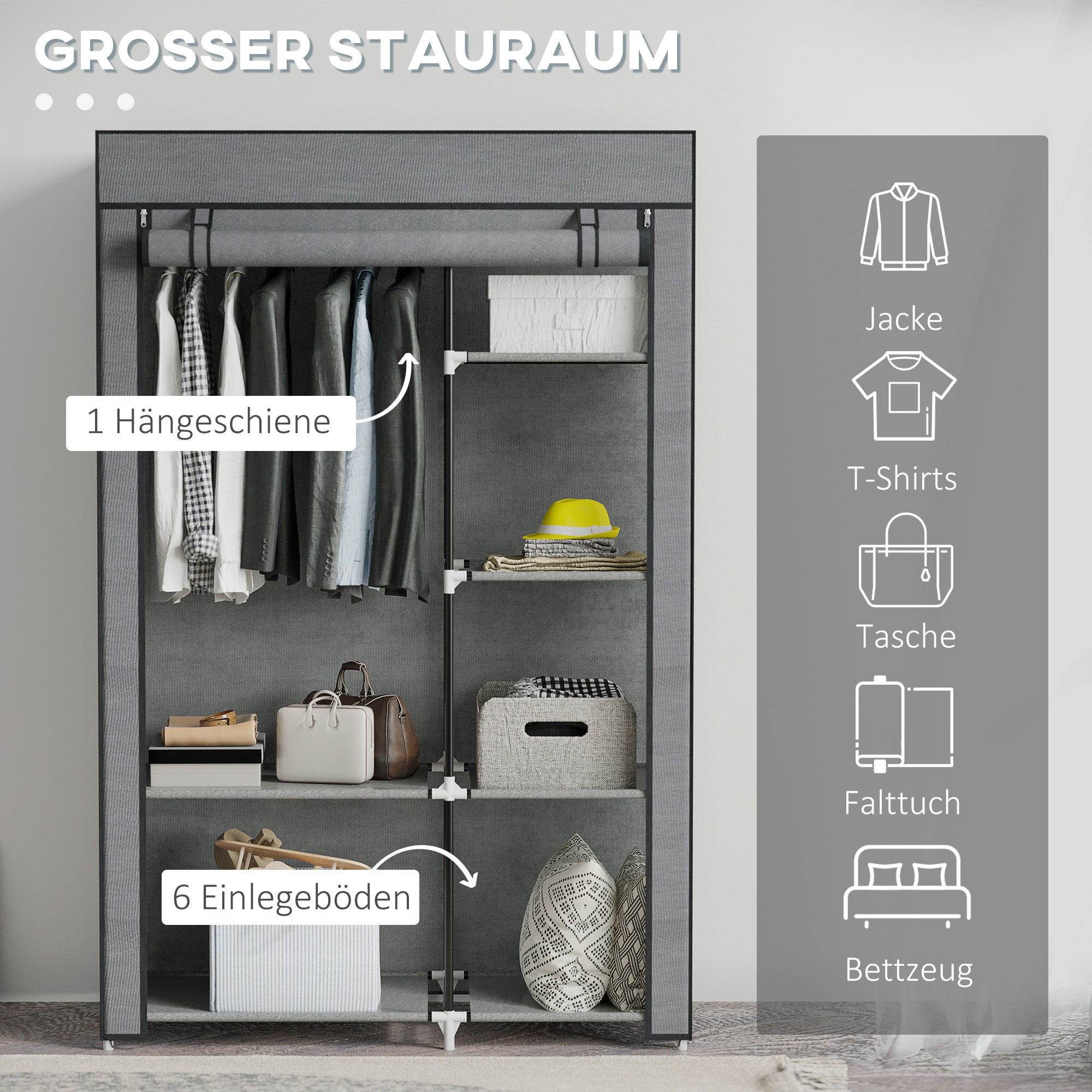 Fabric Wardrobe with 6 Shelves, Clothes Rail, Zipper Wardrobe for Dressing Room Bedroom, 103 x 43 x 162.5 cm, Dark Gray