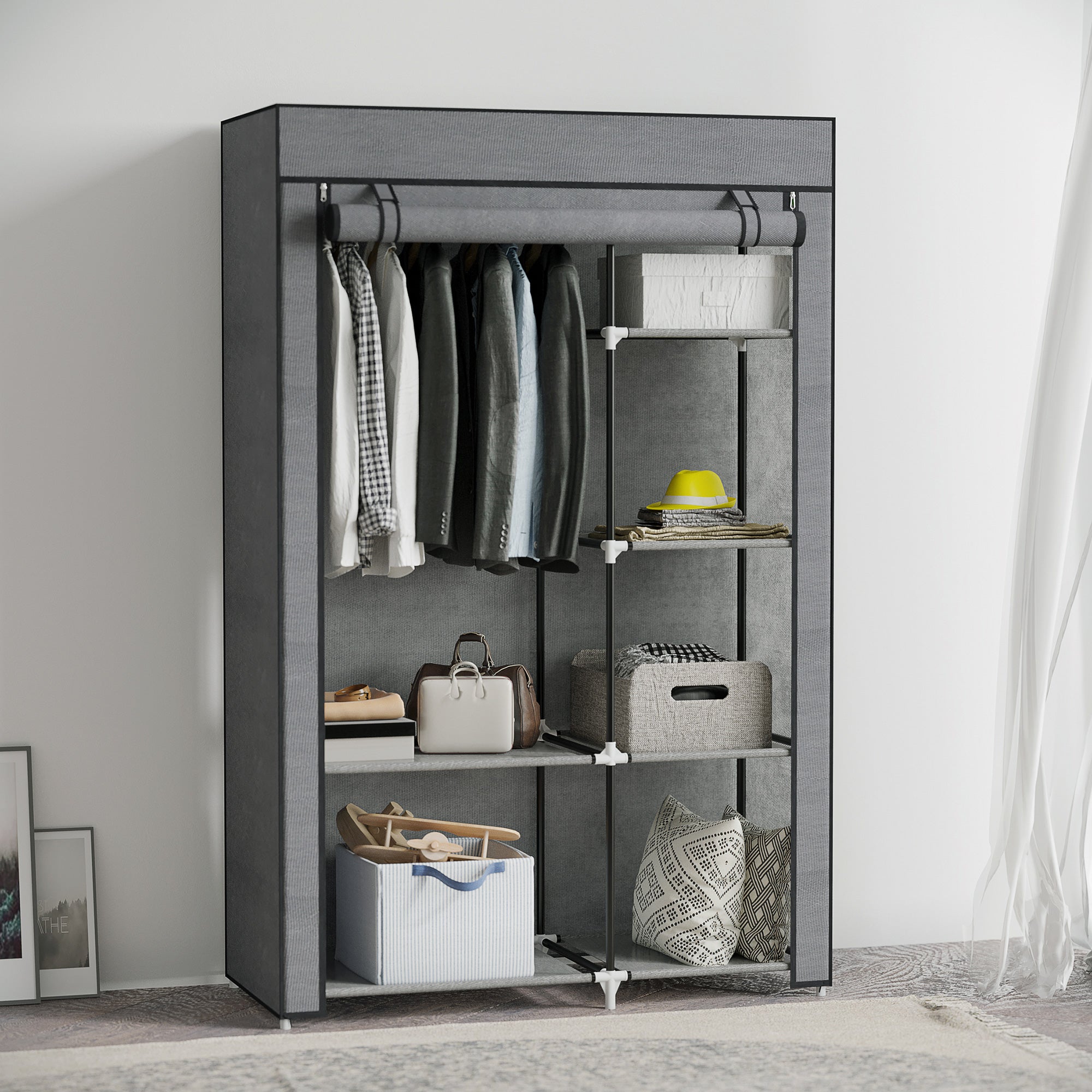 Fabric Wardrobe with 6 Shelves, Clothes Rail, Zipper Wardrobe for Dressing Room Bedroom, 103 x 43 x 162.5 cm, Dark Gray