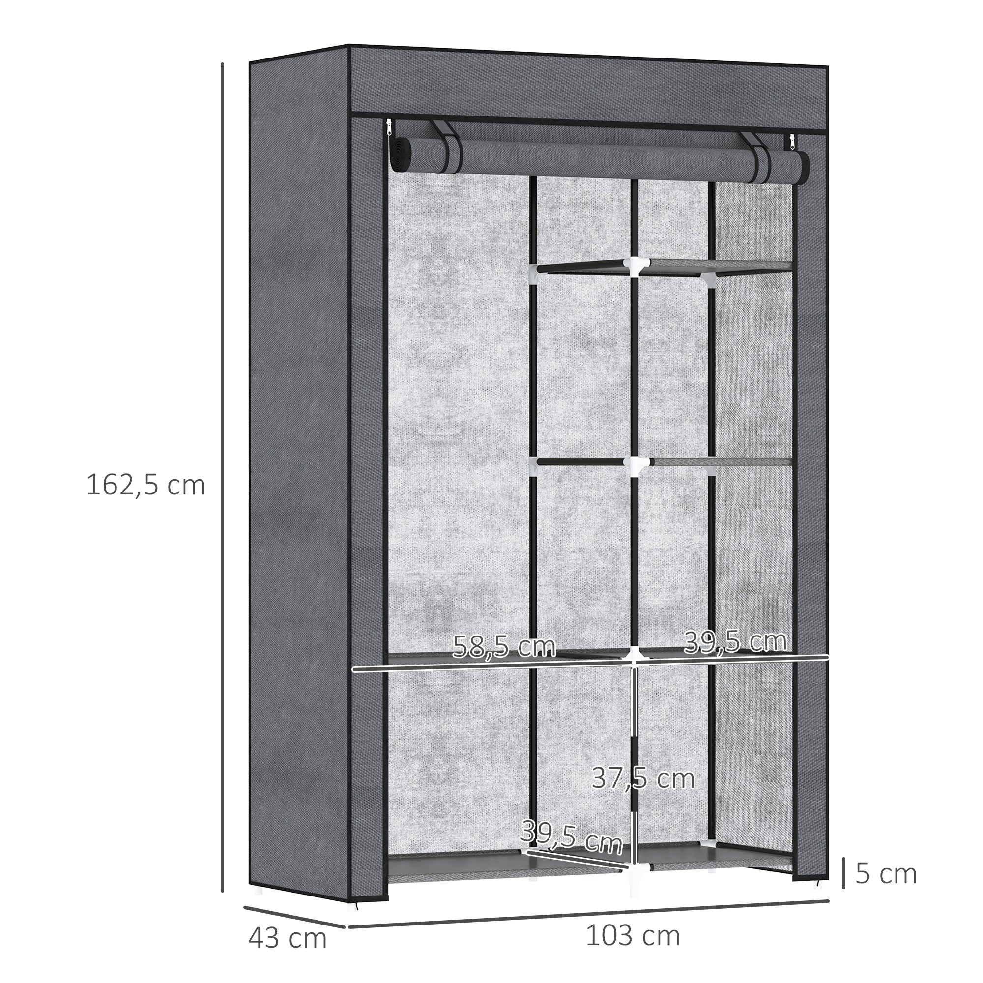 Fabric Wardrobe with 6 Shelves, Clothes Rail, Zipper Wardrobe for Dressing Room Bedroom, 103 x 43 x 162.5 cm, Dark Gray