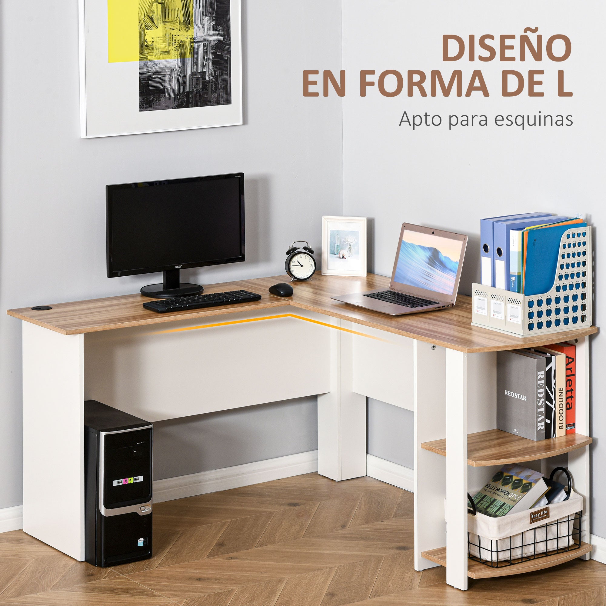 PC Computer Desk with Shelves for Office Home L-Shaped Corner 136x130x72cm Wood