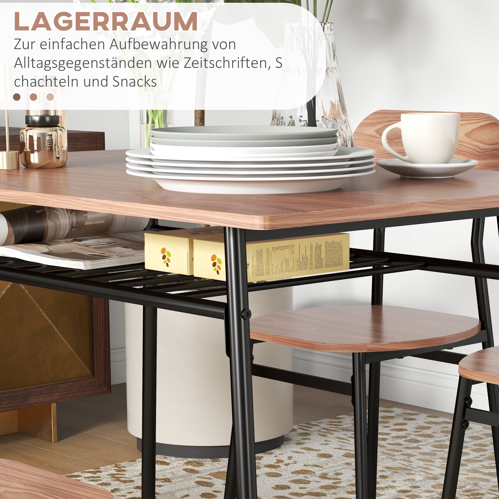 Dining Set Dining Table with 4 Chairs, Storage Shelf, Space-Saving Dining Group in Country Style Seating for Dining Room, Kitchen Teak