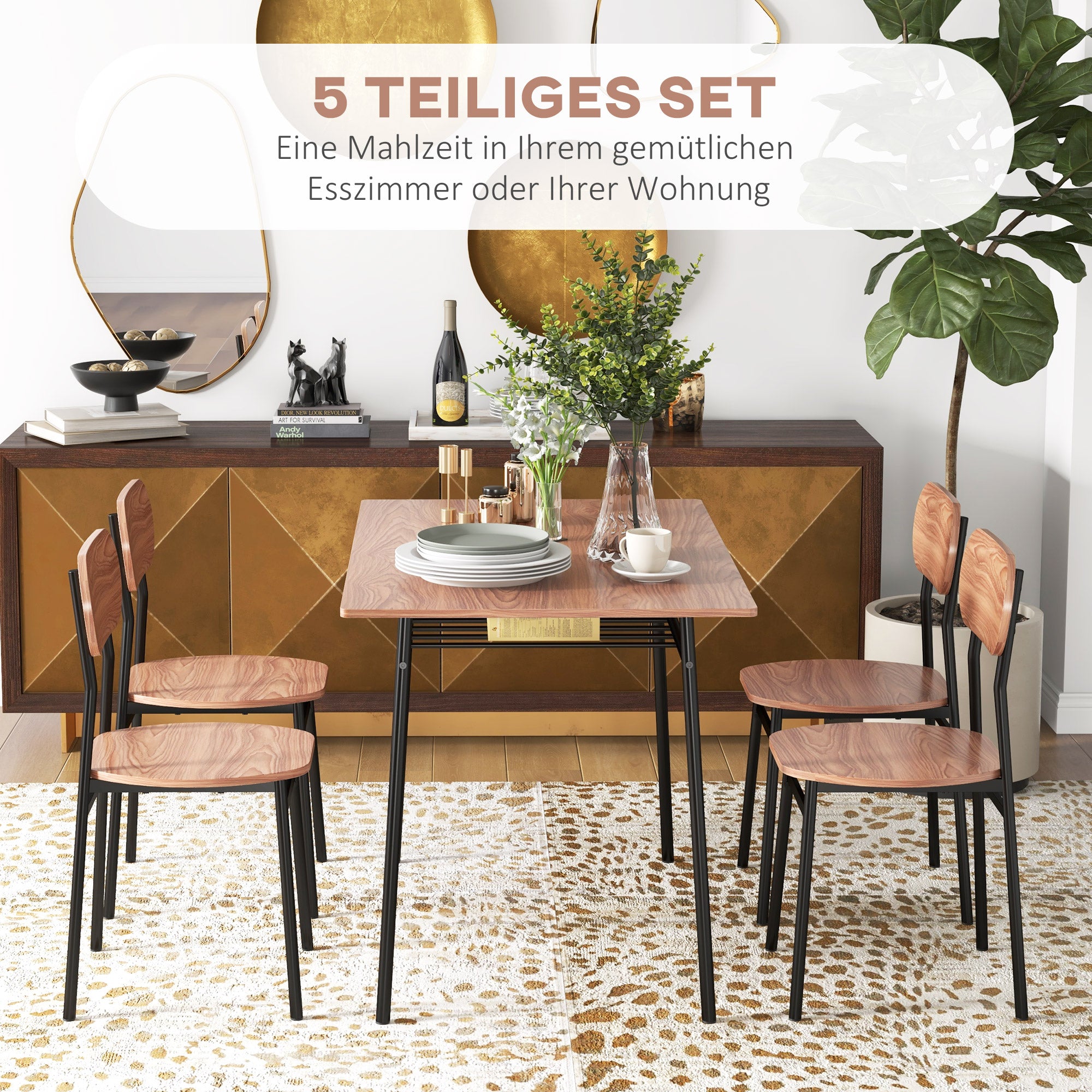 Dining Set Dining Table with 4 Chairs, Storage Shelf, Space-Saving Dining Group in Country Style Seating for Dining Room, Kitchen Teak