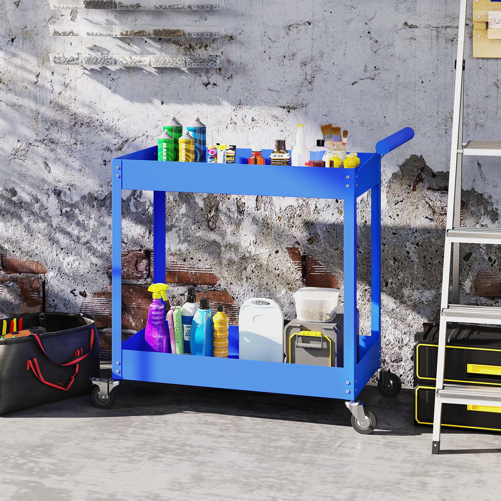 2-Tier Workshop Trolley Tool Cart with Side Handle & Locking Wheels — 330 lb Capacity, 33.3 x 15.0 x 33.1 in, Blue