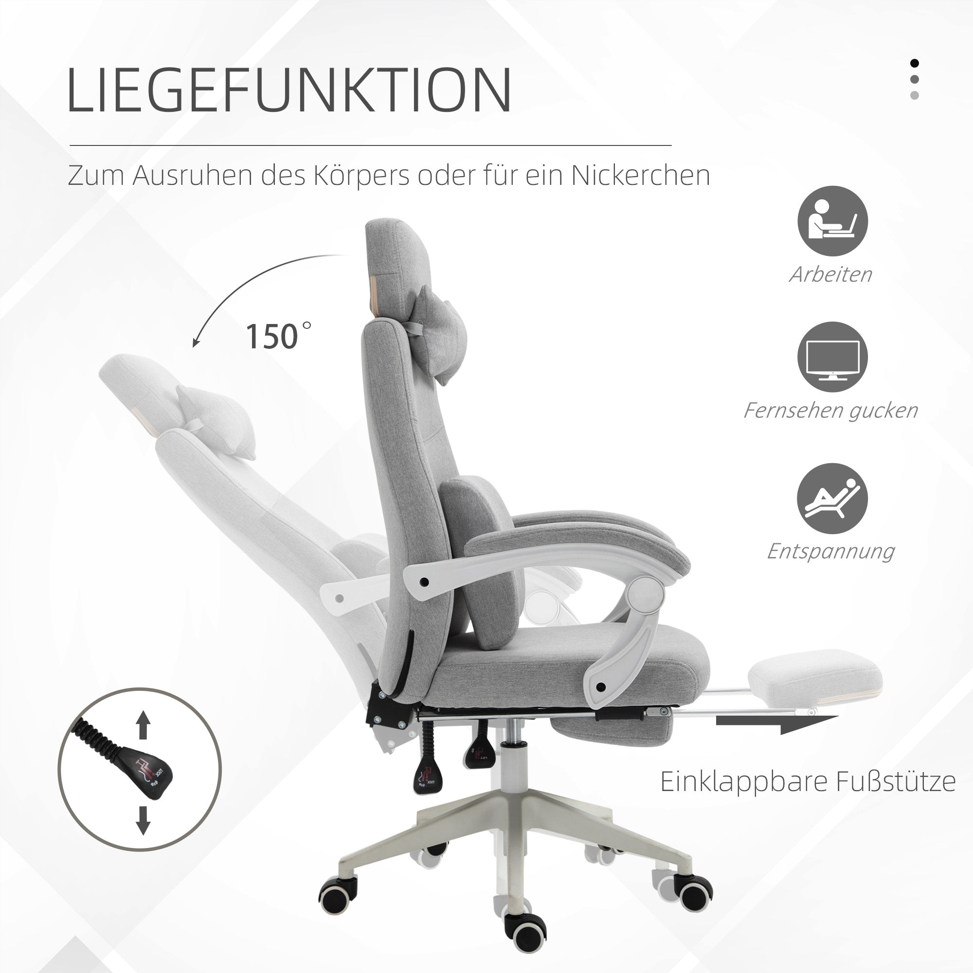 Office Chair, Ergonomic Desk Chair with Headrest, Lumbar Pillow, Height Adjustable Gaming Chair with Footrest, High Backrest, Gray 62 x 68 x 117-127 cm