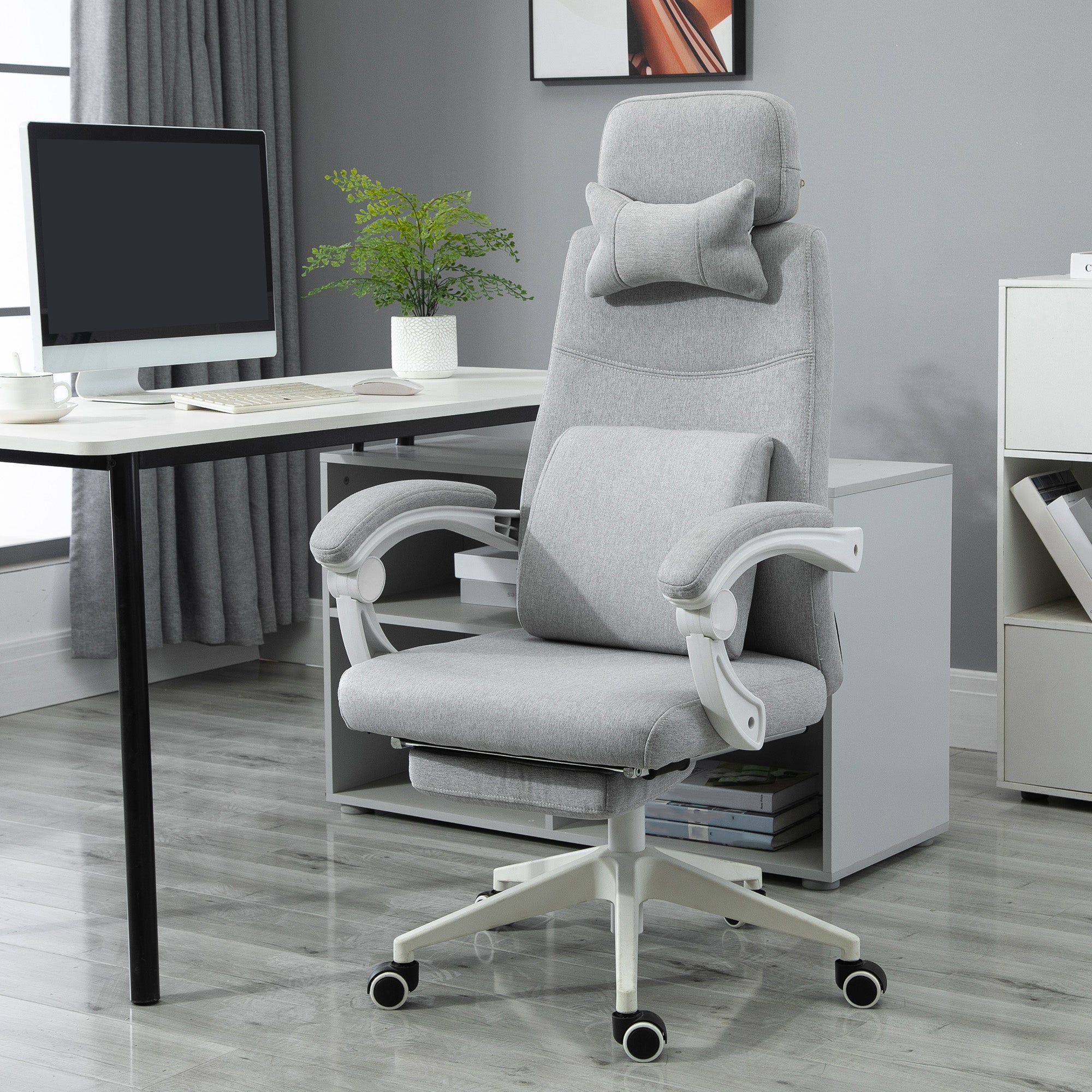 Office Chair, Ergonomic Desk Chair with Headrest, Lumbar Pillow, Height Adjustable Gaming Chair with Footrest, High Backrest, Gray 62 x 68 x 117-127 cm
