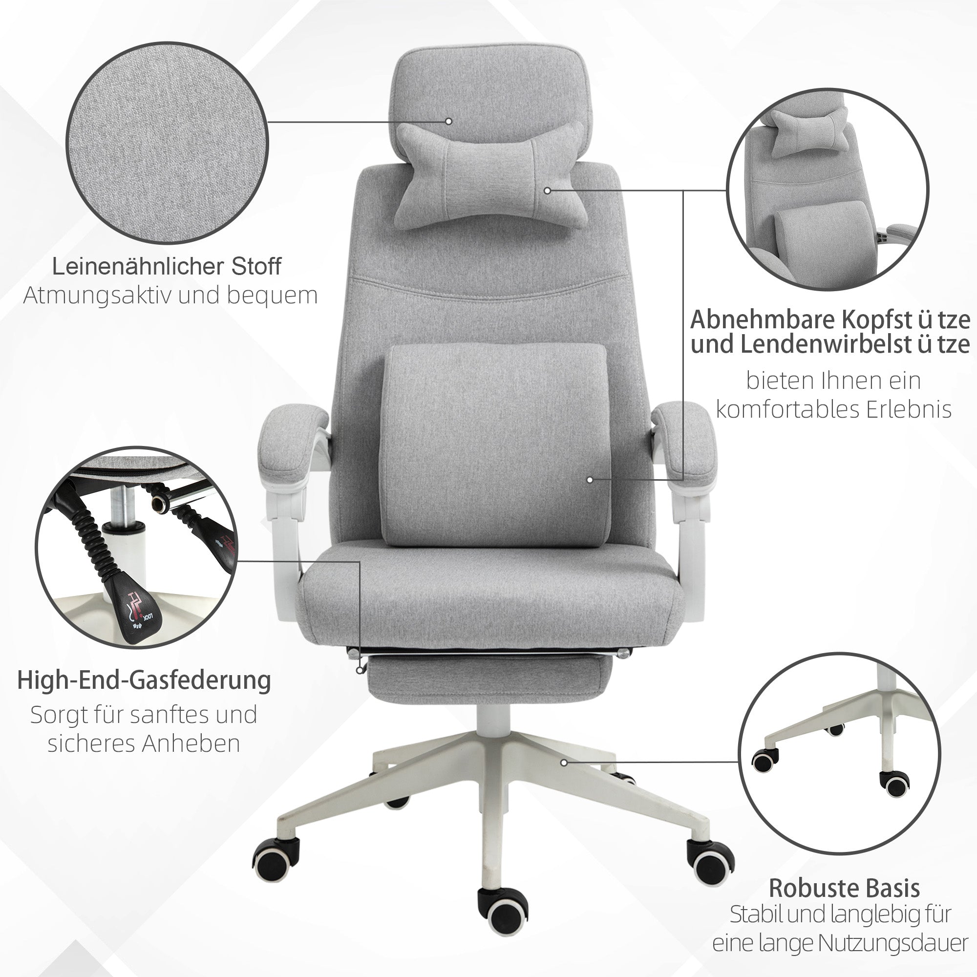 Office Chair, Ergonomic Desk Chair with Headrest, Lumbar Pillow, Height Adjustable Gaming Chair with Footrest, High Backrest, Gray 62 x 68 x 117-127 cm