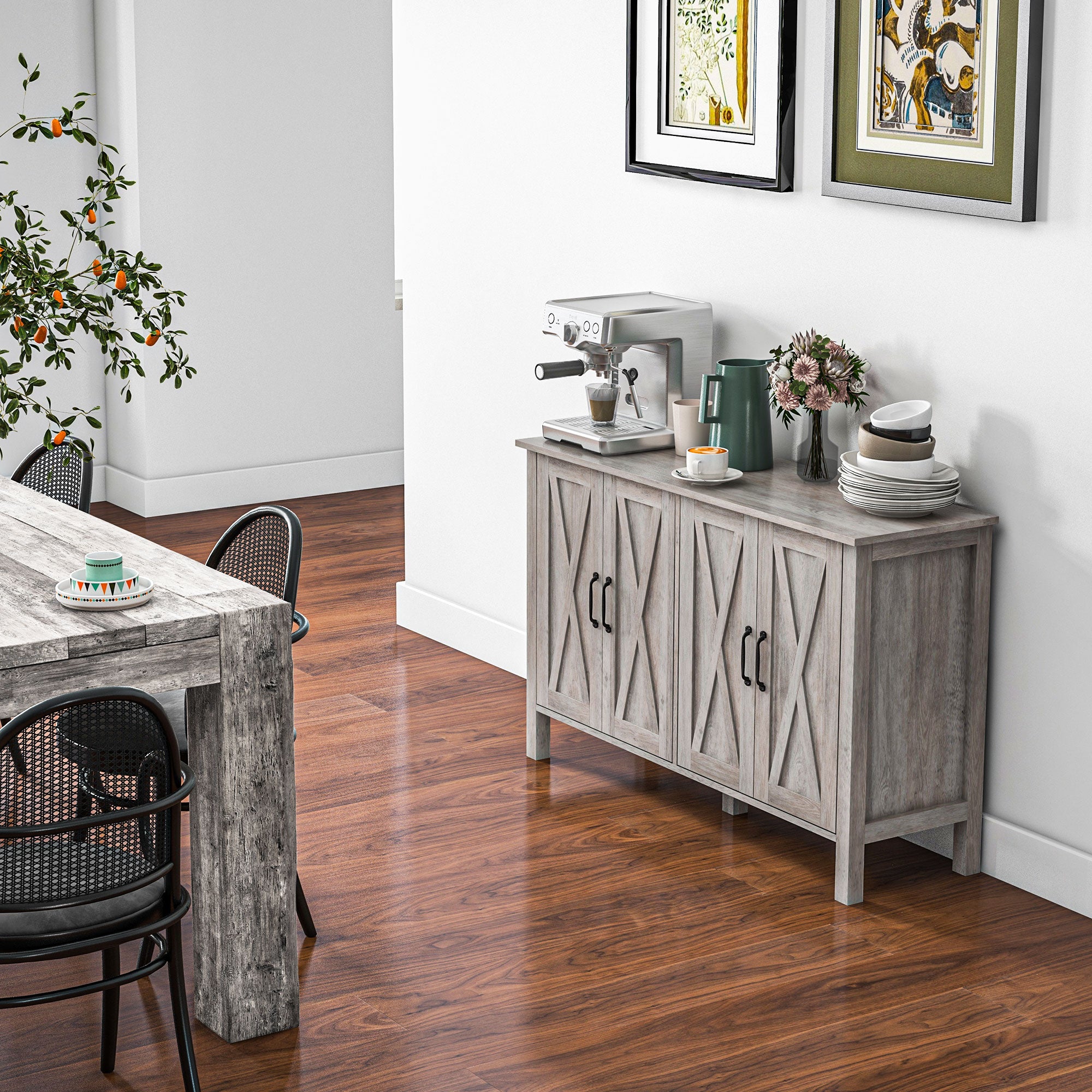 Low Rustic Style Kitchen Cabinet with 2 Adjustable Shelves, TV Buffet for up to 55 inches with 4 Wooden Doors, 120x37x75 cm, Gray